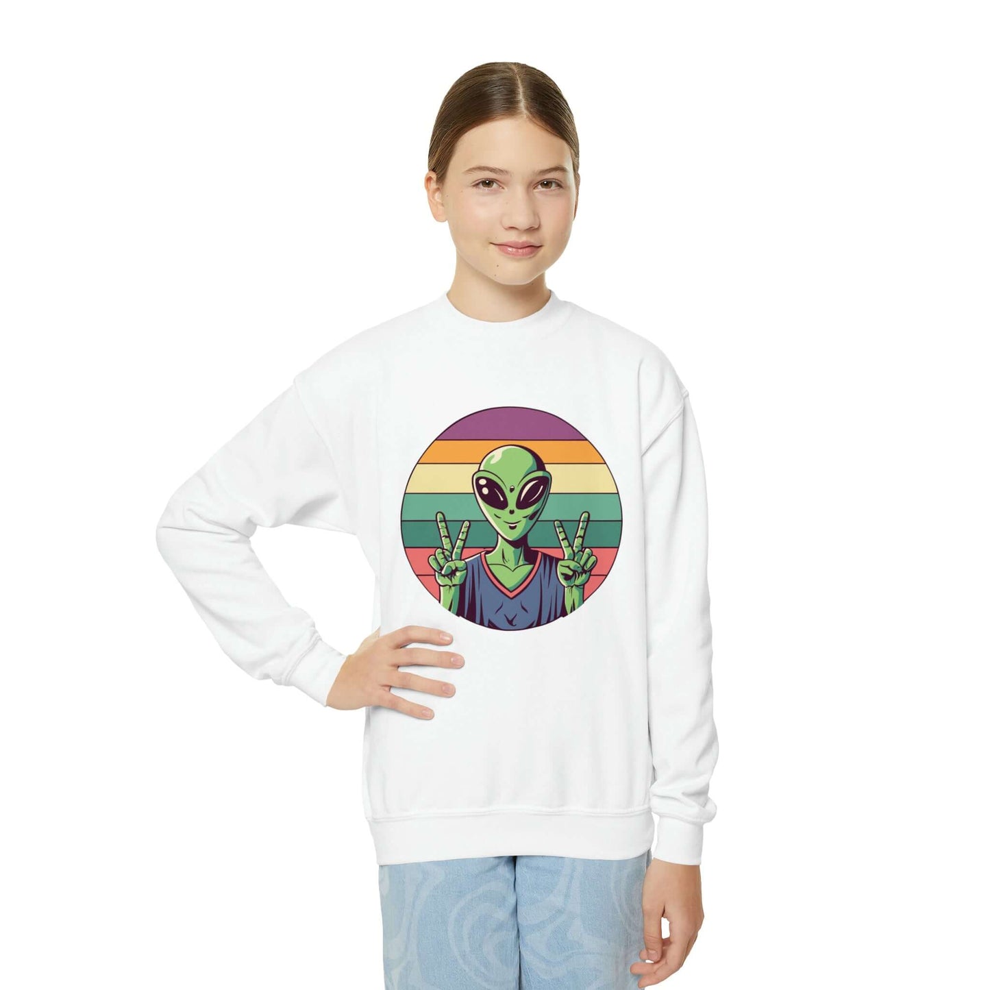 Alien Youth Crewneck Sweatshirt | Peace Sign Alien Graphic Sweatshirt (unisex), Brand63