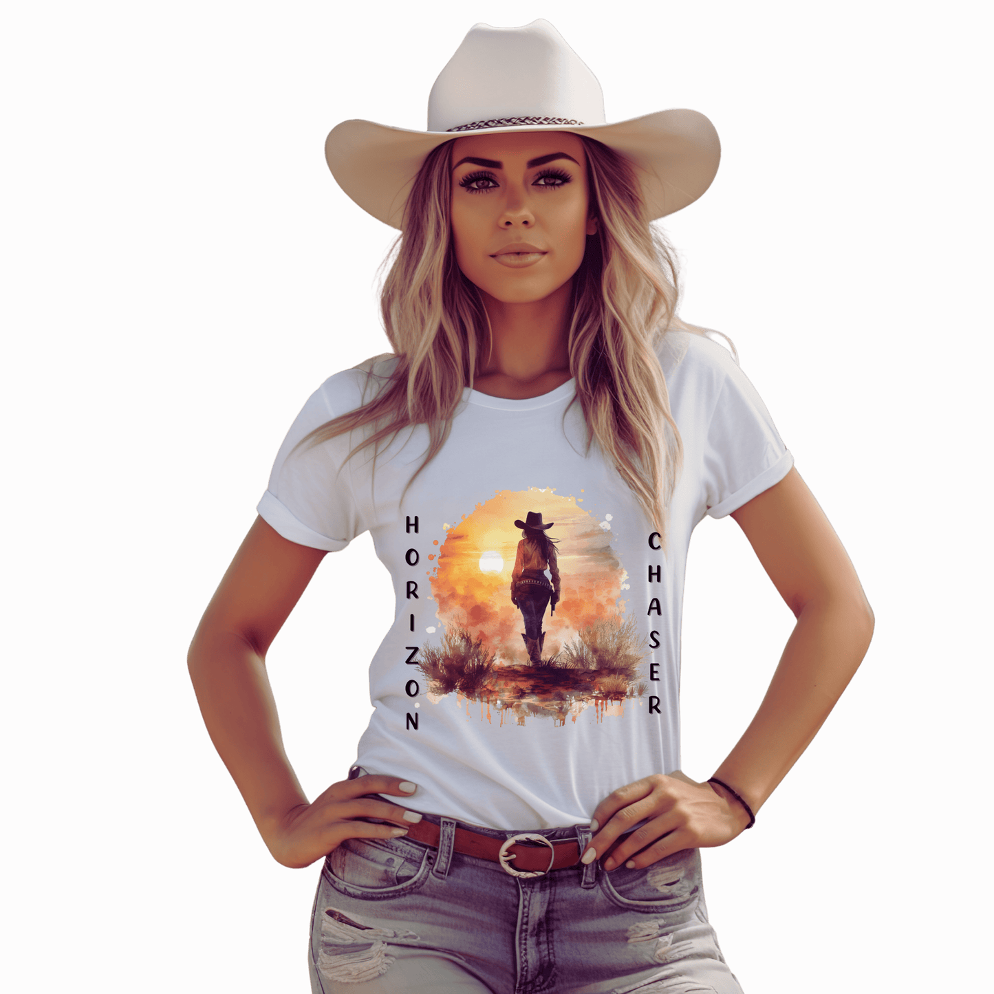 Cowgirl Horizon Chaser T-shirt | Watercolor Sunset Western Cowgirl Shirt, Brand63