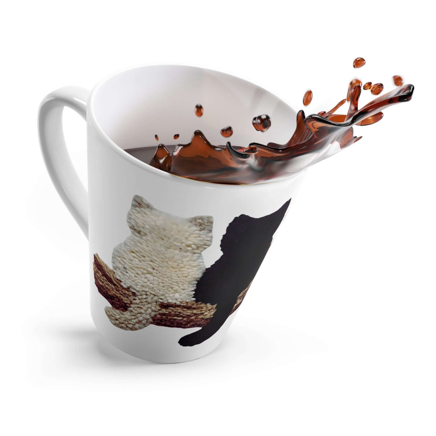 Cute Kittens faux yarn latte mug with illustrated kittens and coffee splashing.