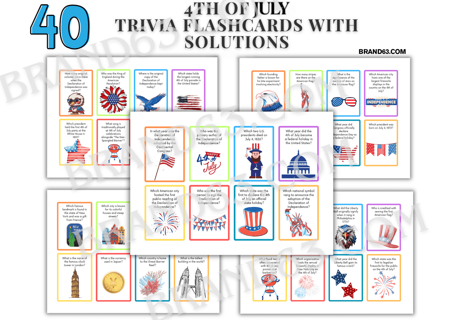 Free 4th of July Trivia Flashcards (Printable PDF) – Fun Independence Day Game for All Ages, Brand63