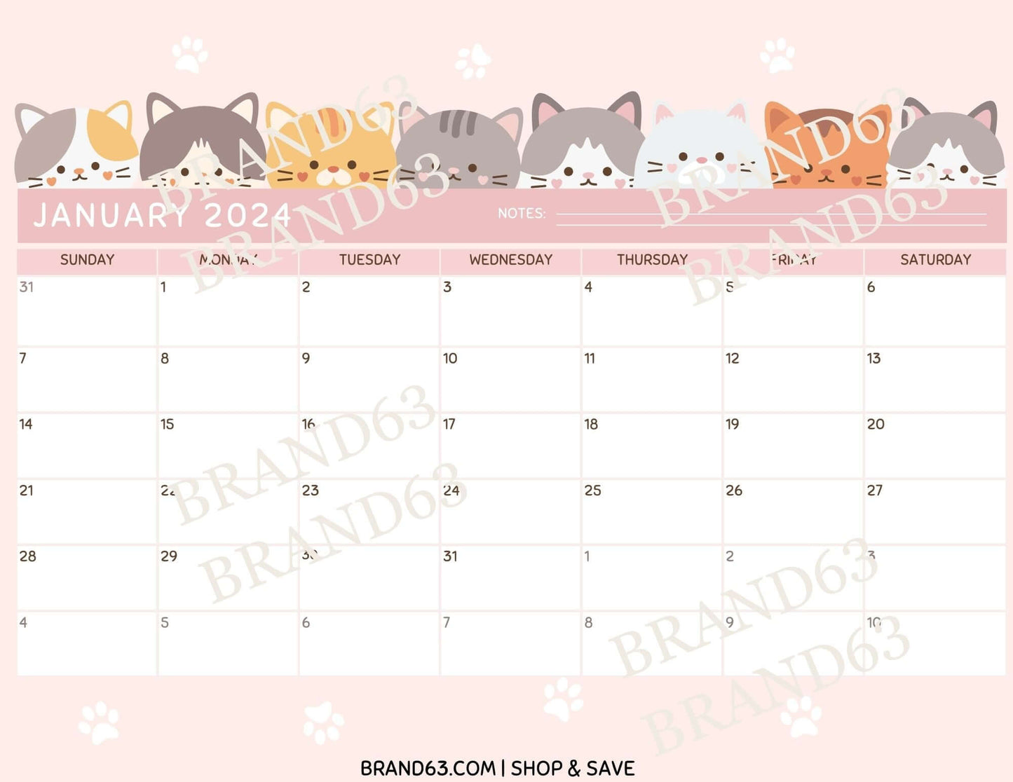 Free Cute Cats January 2024 Calendar Page, PDF Instant Download | FREE, Brand63