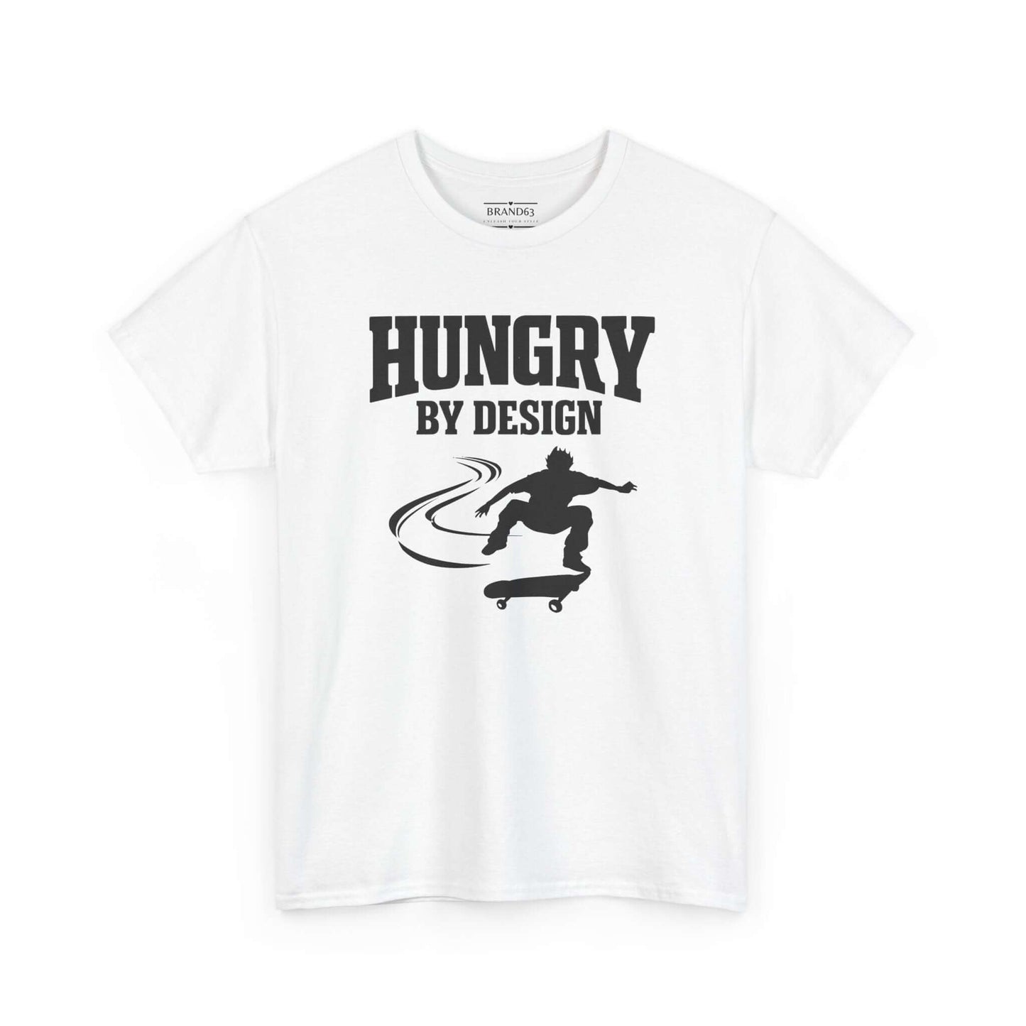 Hungry By Design Skater Tee – Grit-Driven Performance Mindset Shirt in white with skateboard graphic.