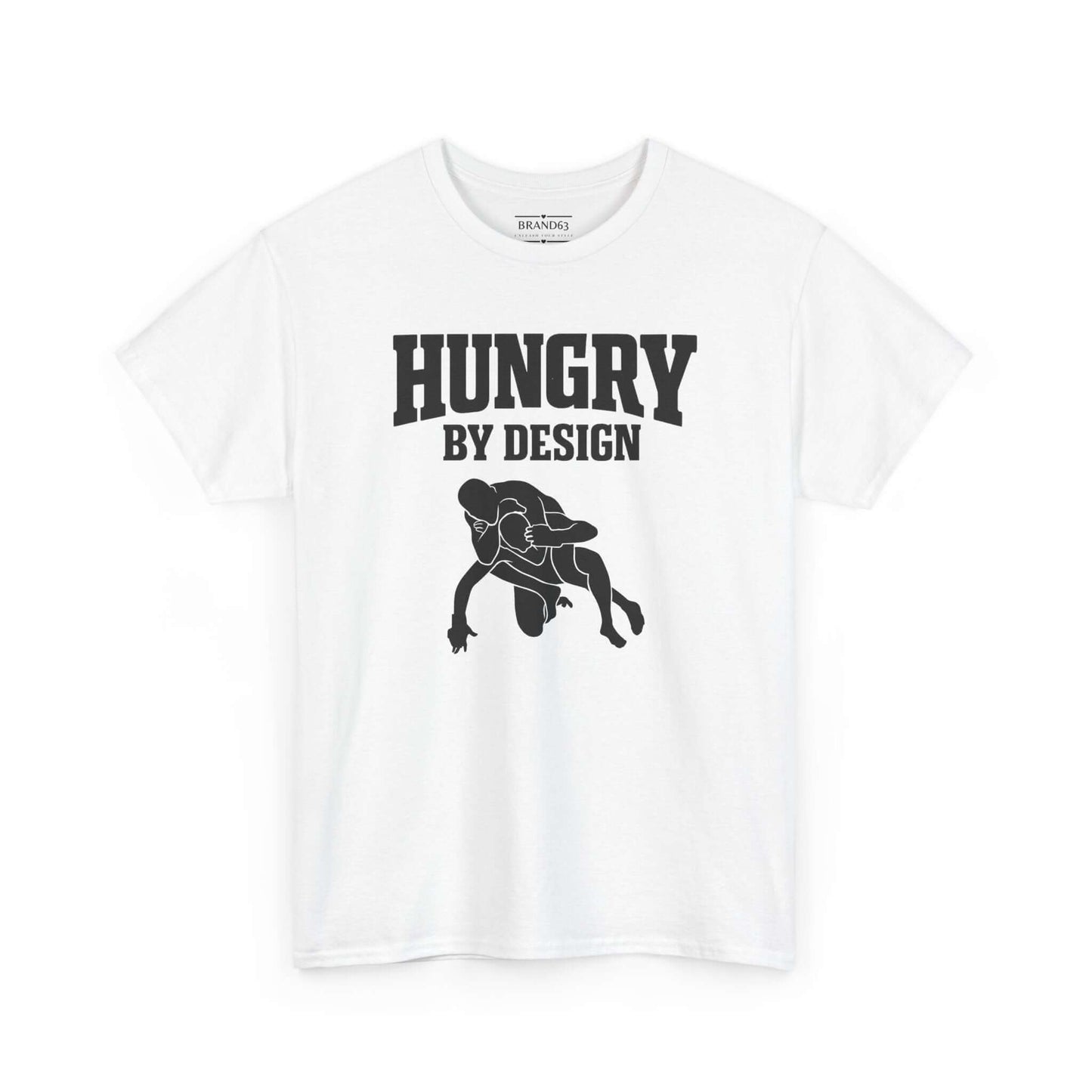 Hungry By Design Wrestling Tee showcasing bold lettering and a wrestler graphic on a white t-shirt.