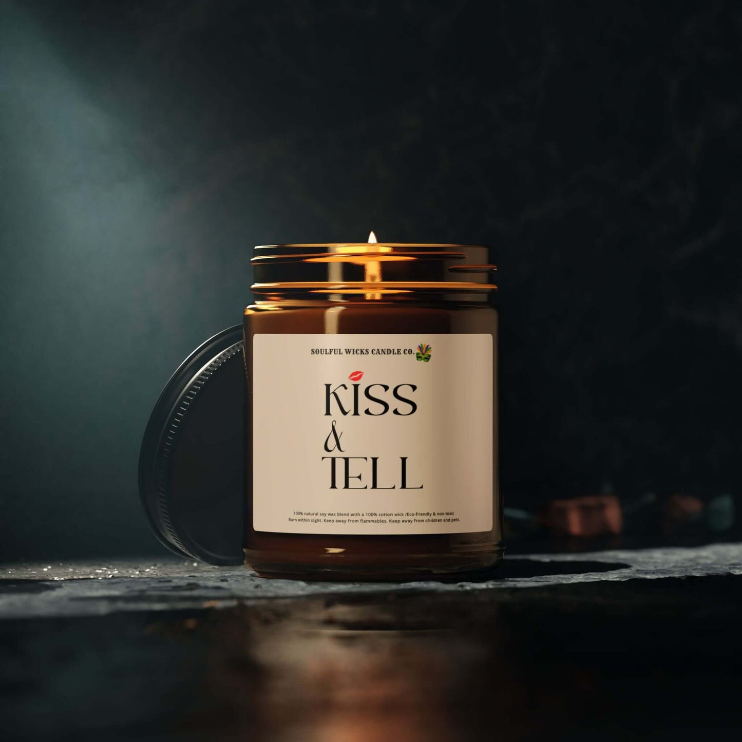 Kiss & Tell Scented Soy Candle in Amber Jar, Brand63