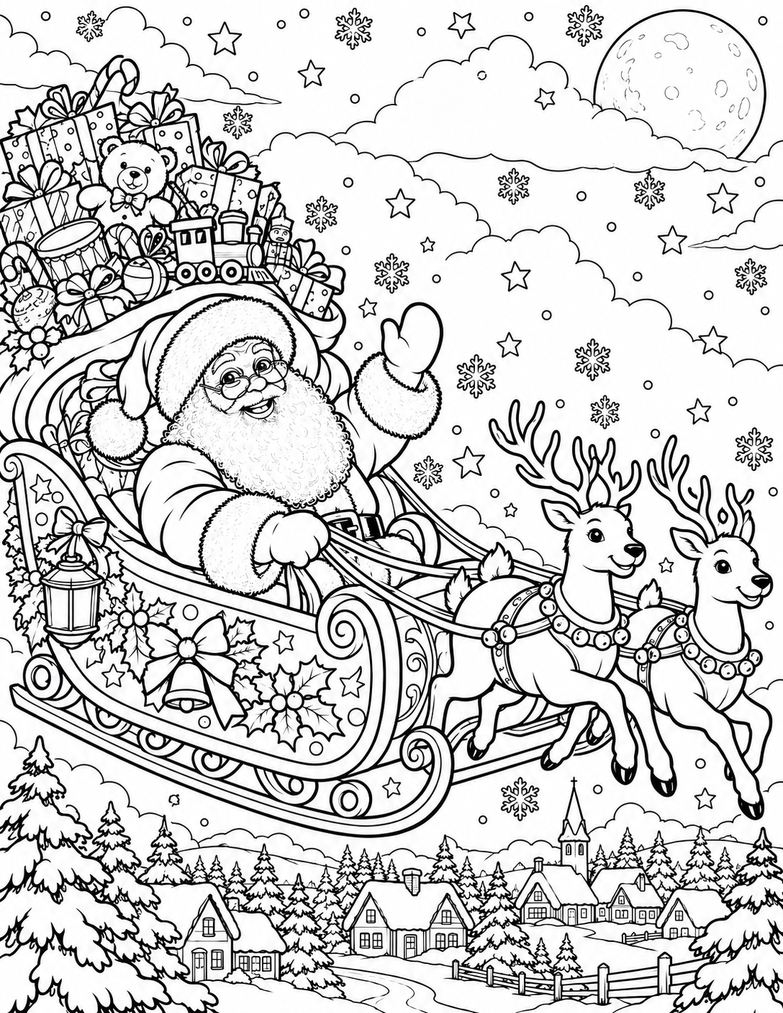 Black and white Christmas coloring page featuring Santa Claus in a sleigh pulled by two reindeer, with gifts, stars, clouds, a moon, and a snowy village below.