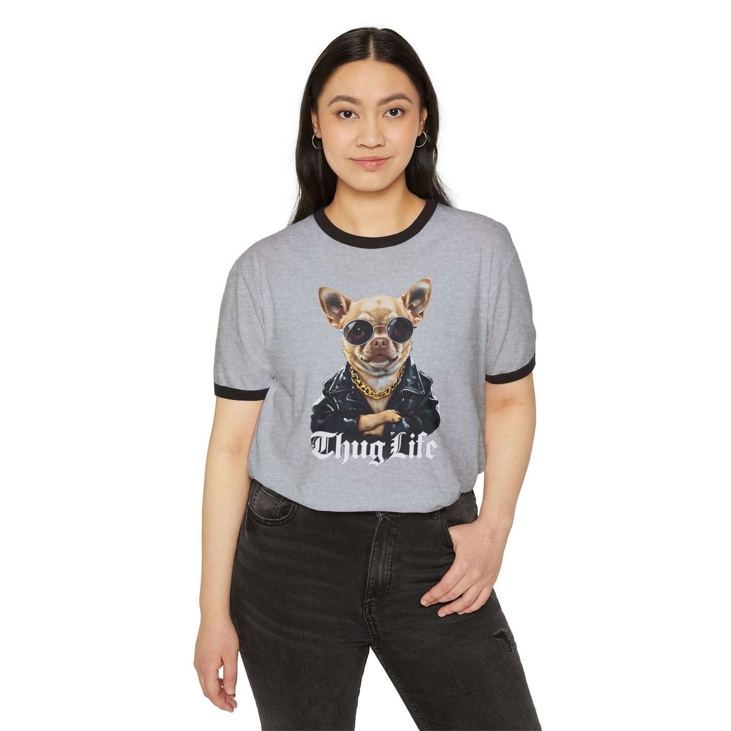 Thug Life Dog Unisex Cotton Ringer T-Shirt - Picture Perfect Chihuahua -Thuggish, Brand63