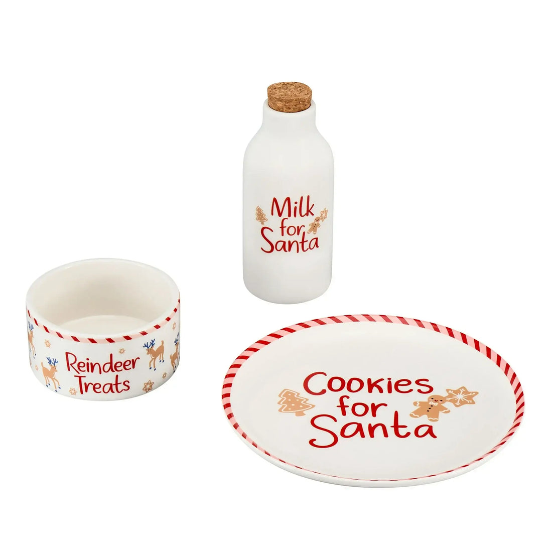 Ceramic Santa Cookie Plate with Corked Milk Bottle & Reindeer Treats Bowl