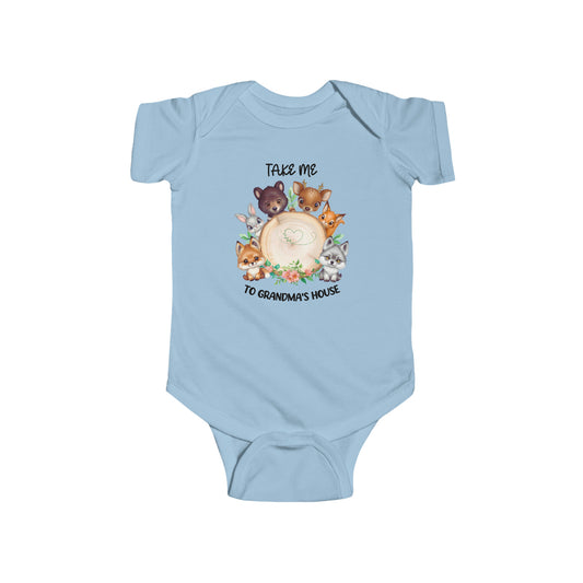 Baby in Woodland Critter Journey Onesie from Brand63.com, featuring adorable forest animals, online shopping with free shipping on orders over $99, going to grandmas house