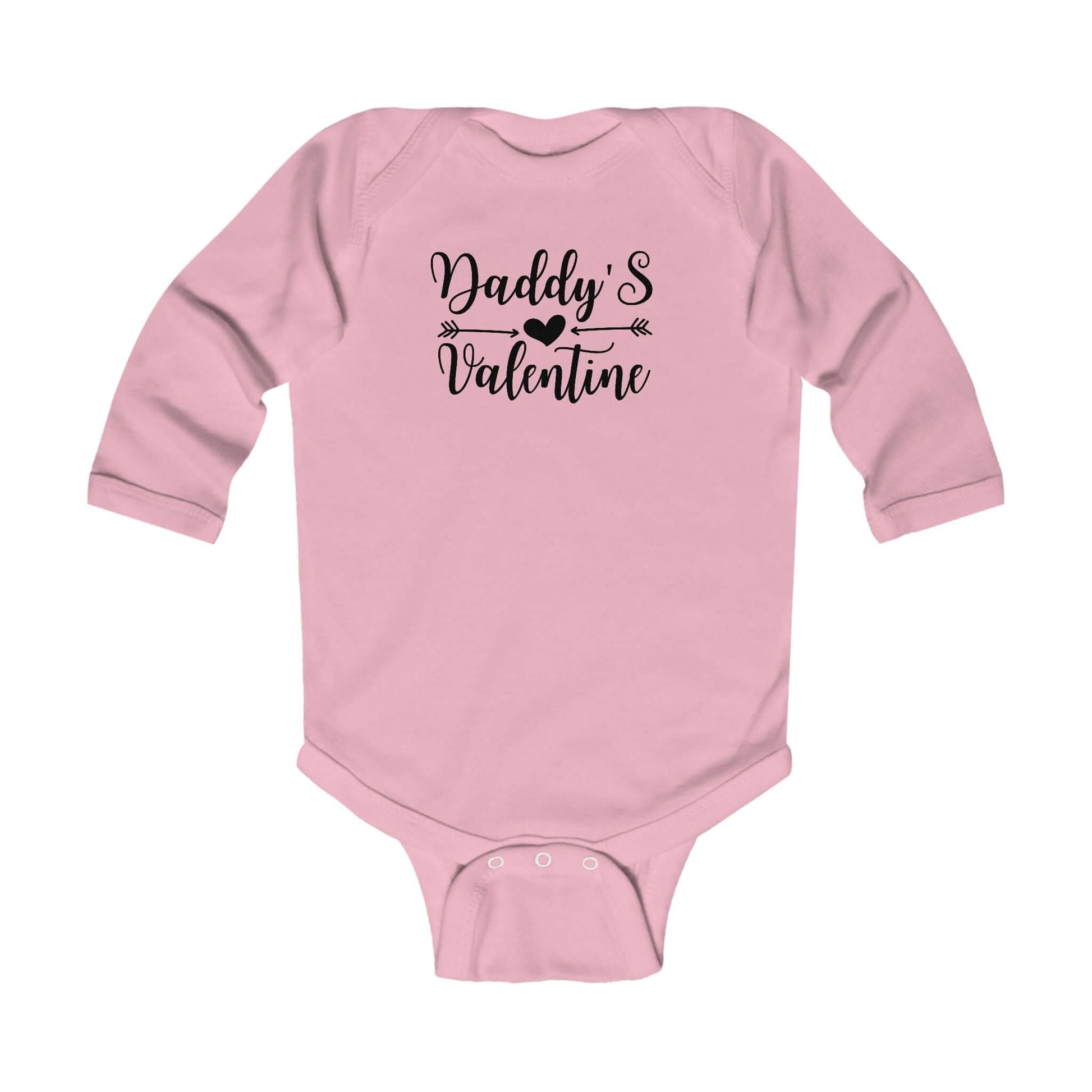 Daddy's Valentine Infant Long Sleeve Bodysuit in pink with playful text design on the back.