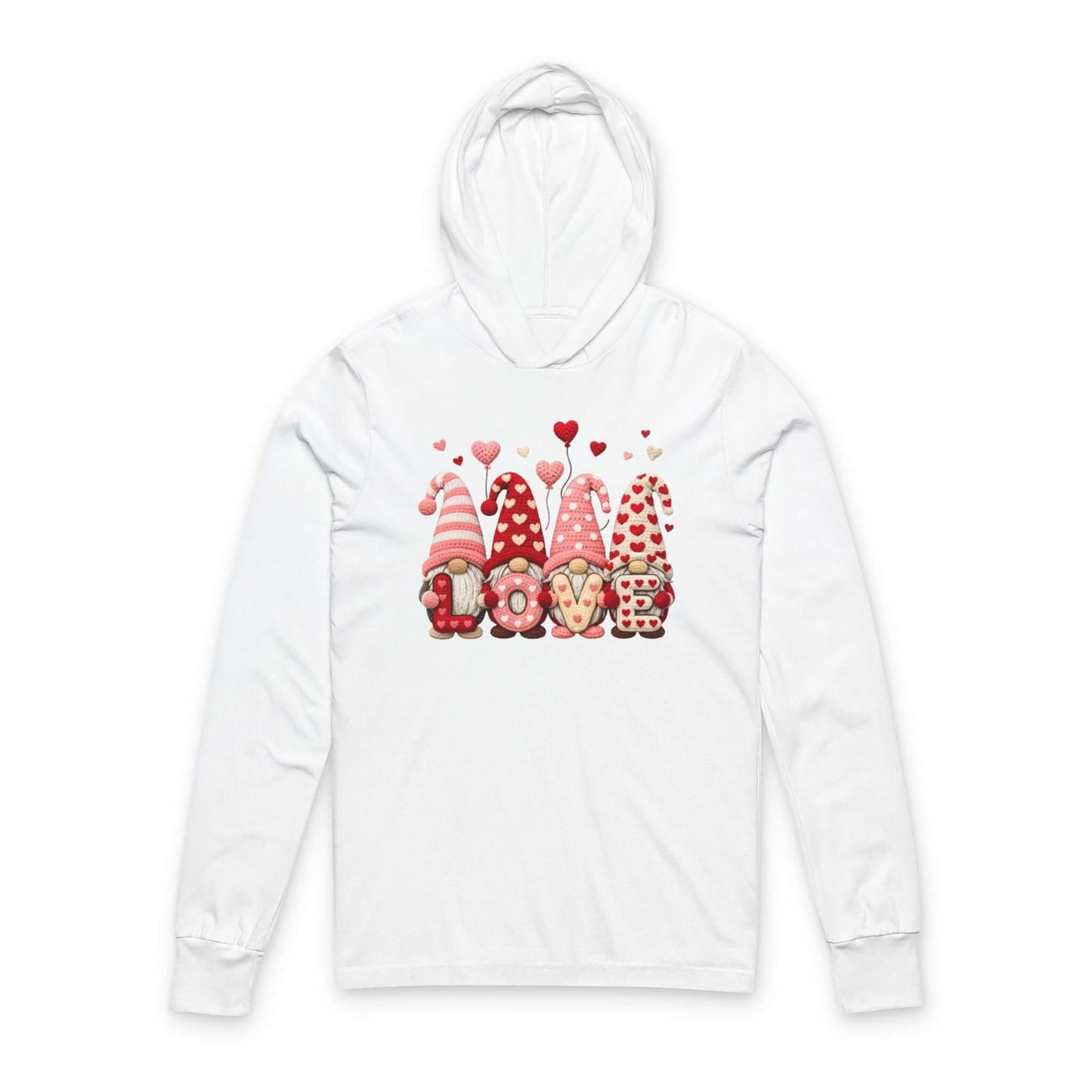 Valentine Gnome Hoodie Tee featuring a playful gnome design with hearts, perfect for cozy occasions.