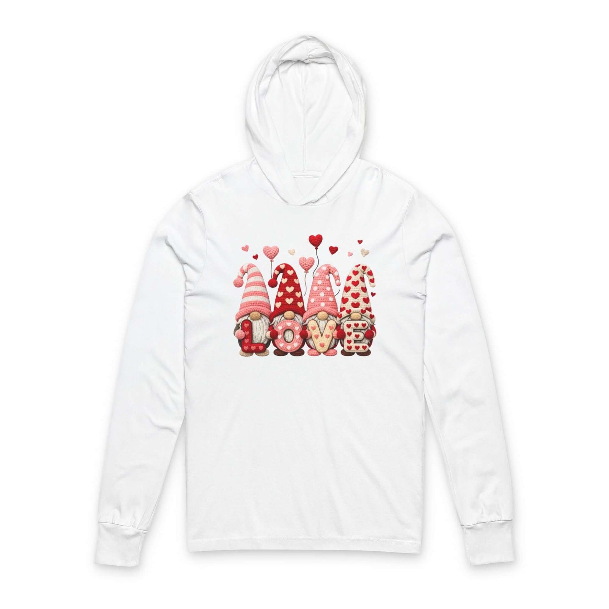 Valentine Gnome Hoodie Tee featuring a playful gnome design with hearts, perfect for cozy occasions.