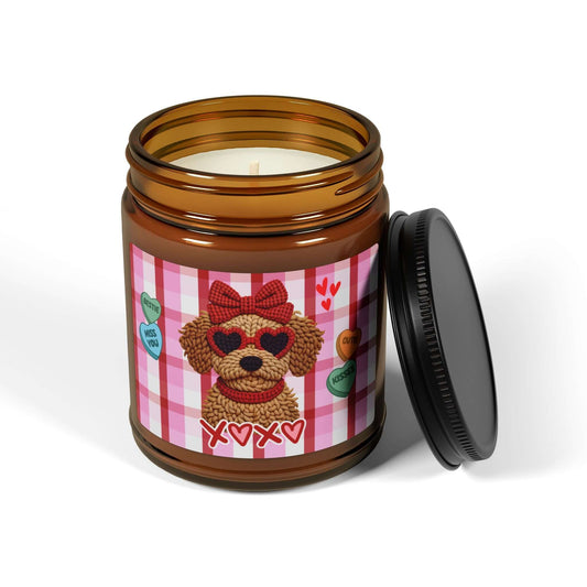 Puppy Love XOXO — Valentine's Day scented soy candle in amber jar with playful puppy design.