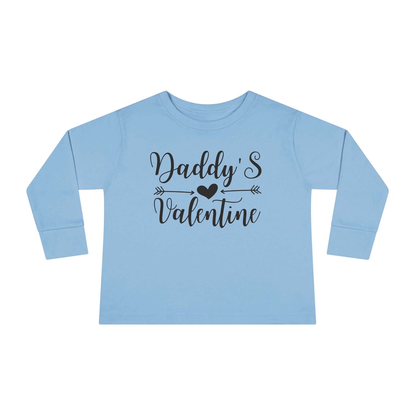 Daddy's Valentine Toddler Long Sleeve Tee in light blue with hand-lettered script design and heart detail