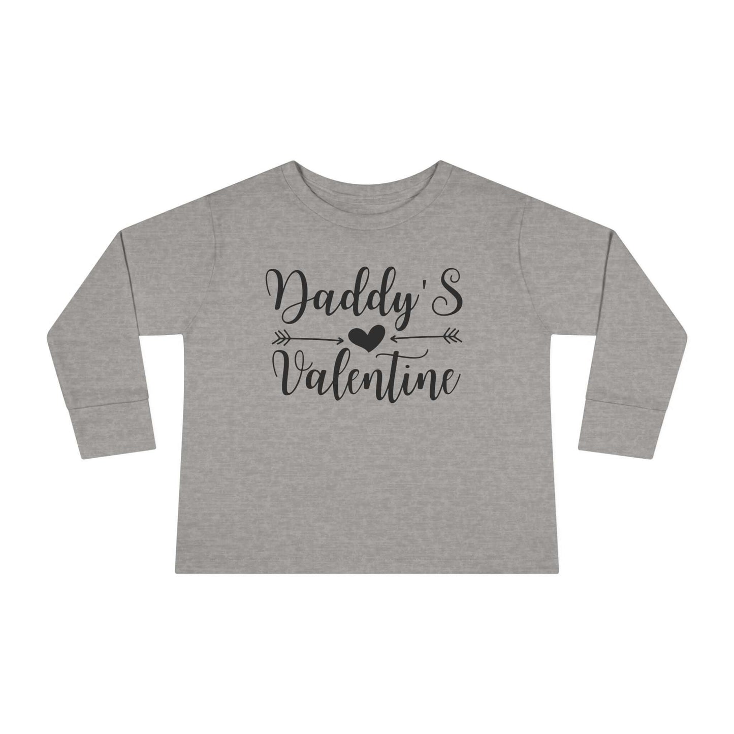 Daddy's Valentine Toddler long sleeve tee with hand-lettered design and heart on grey background.