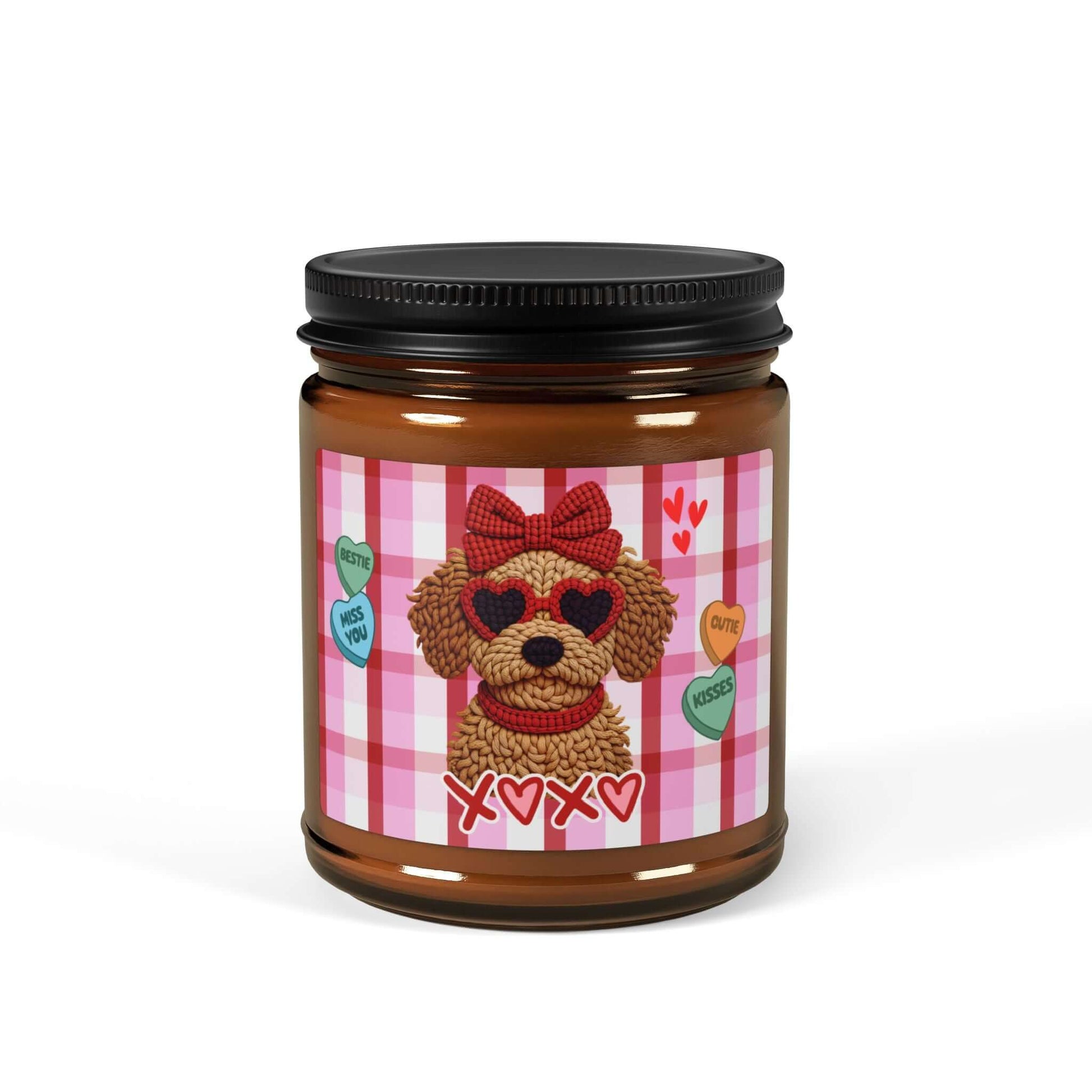 Puppy Love XOXO — Valentine's Day scented soy candle in amber jar with dog design and hearts.