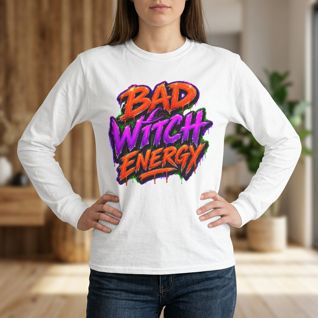 Bad Witch Energy Long Sleeve Shirt — Neon Halloween Witchy Tee