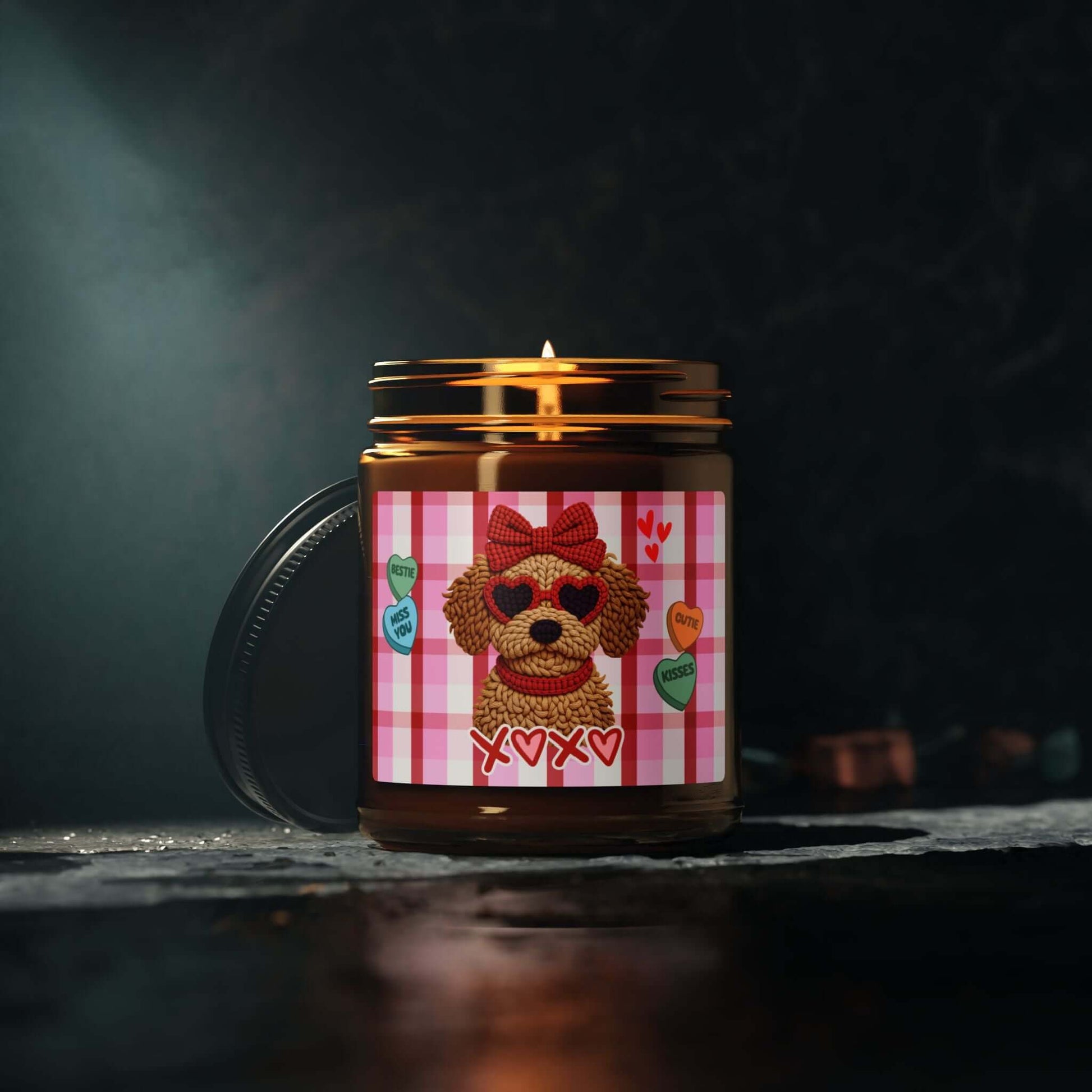 Puppy Love XOXO — Valentine's Day scented soy candle in amber jar with cute dog design and hearts.