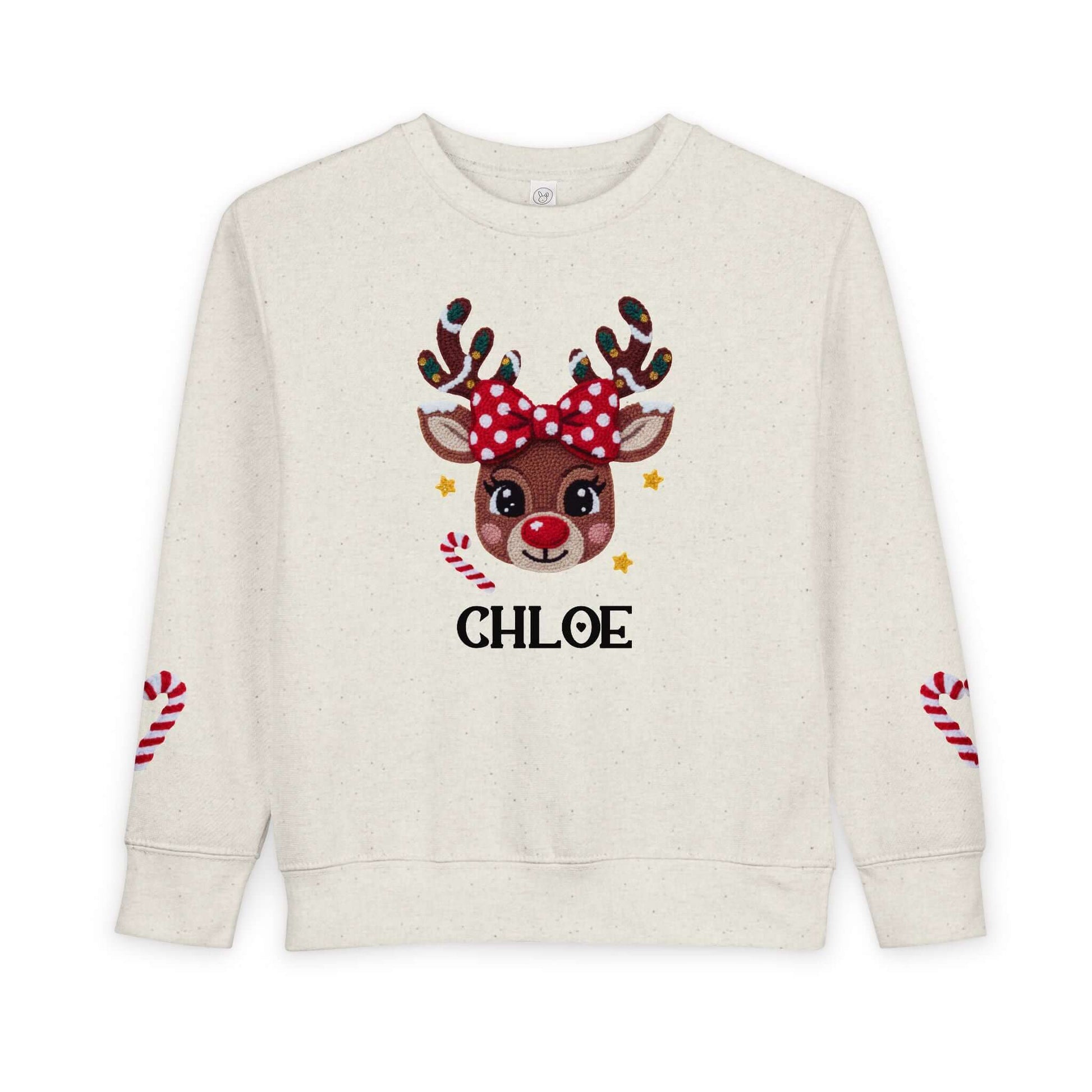 2D Faux Latch Hook Yarn Crochet Girls Reindeer Christmas Personalized Toddler Sweatshirt, Brand63