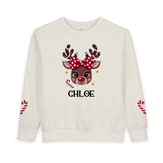 2D Faux Latch Hook Yarn Crochet Girls Reindeer Christmas Personalized Toddler Sweatshirt, Brand63