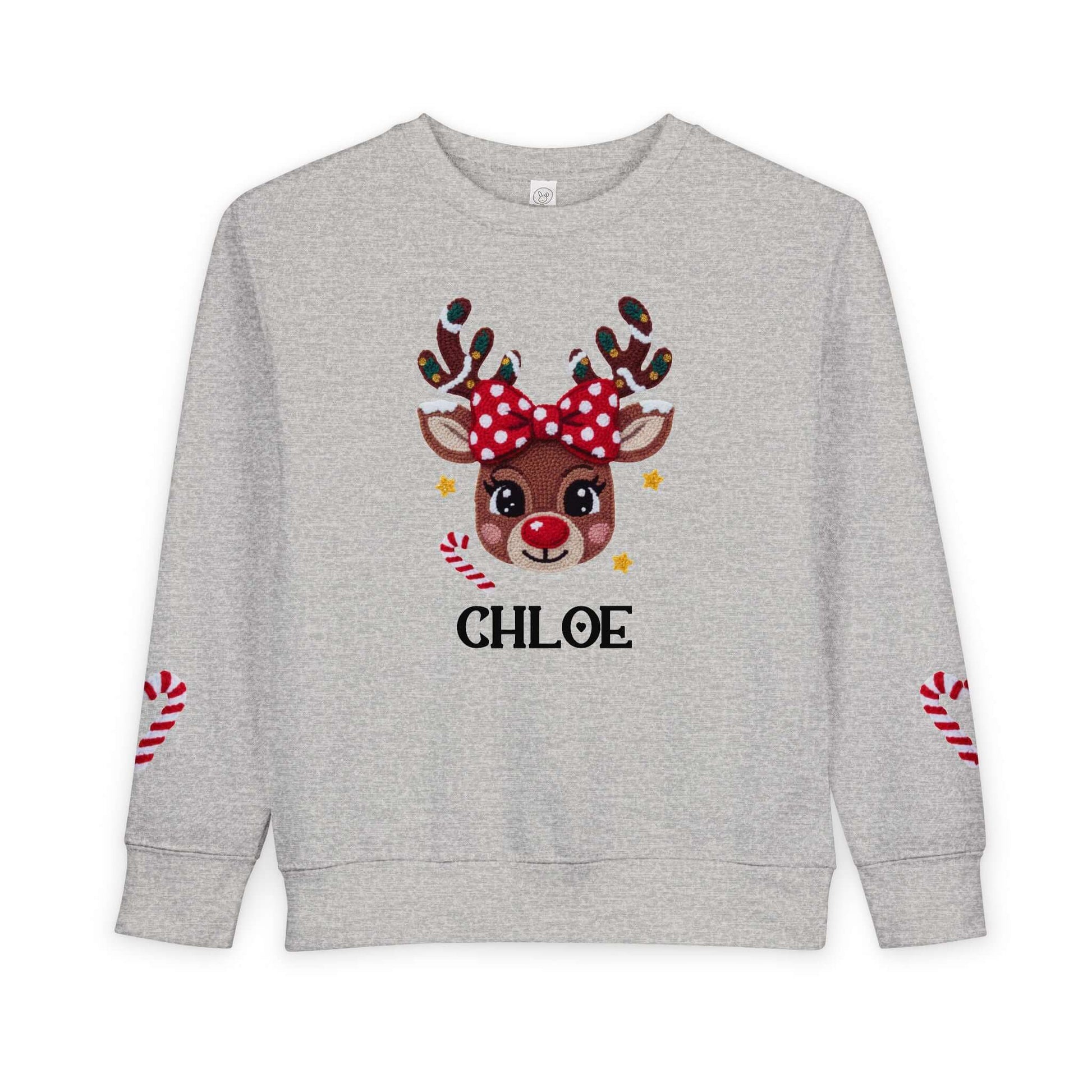 2D Faux Latch Hook Yarn Crochet Girls Reindeer Christmas Personalized Toddler Sweatshirt, Brand63