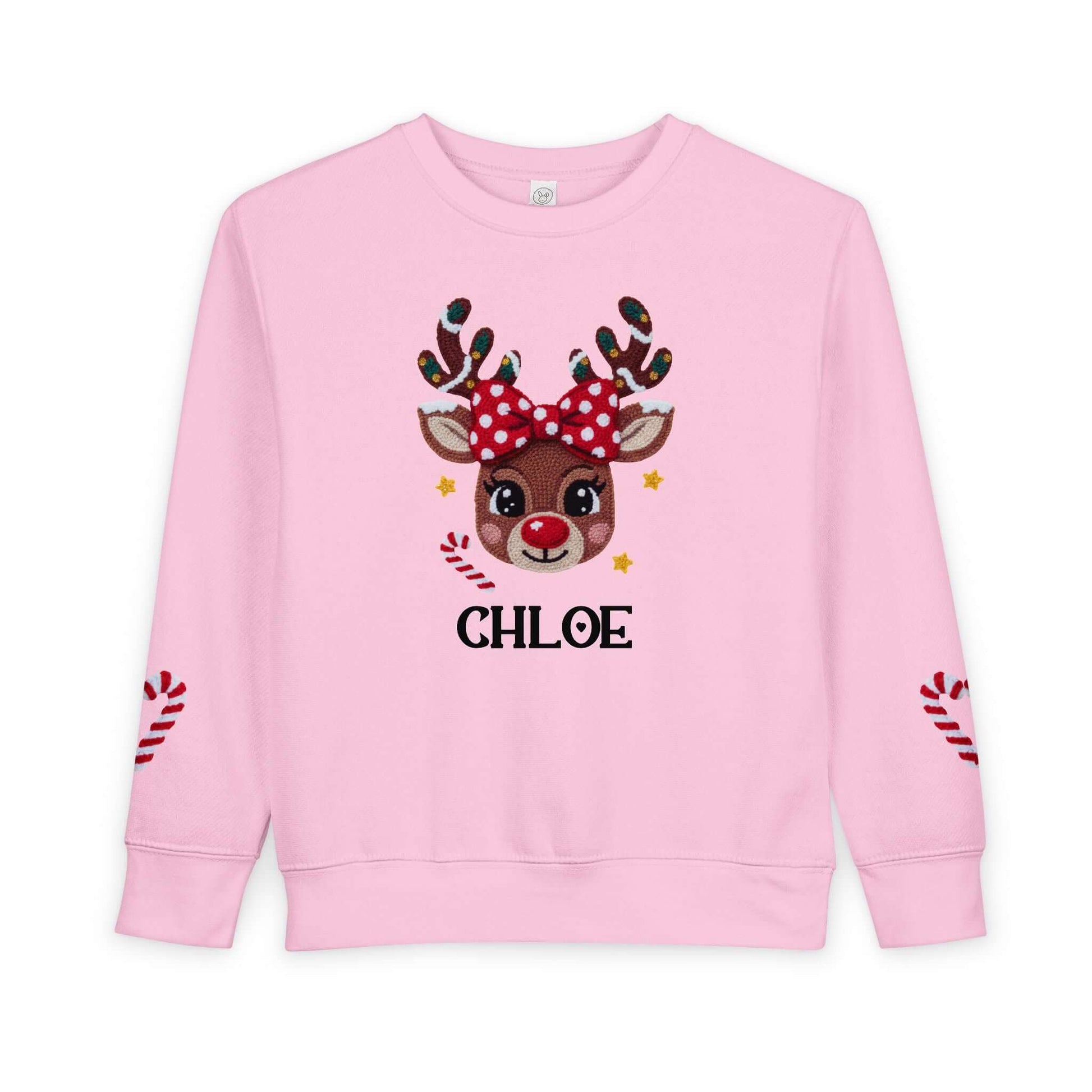 2D Faux Latch Hook Yarn Crochet Girls Reindeer Christmas Personalized Toddler Sweatshirt, Brand63