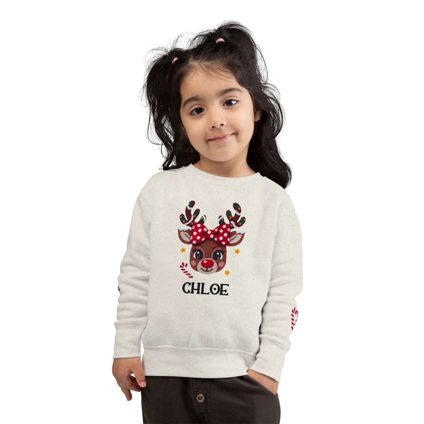 2D Faux Latch Hook Yarn Crochet Girls Reindeer Christmas Personalized Toddler Sweatshirt, Brand63