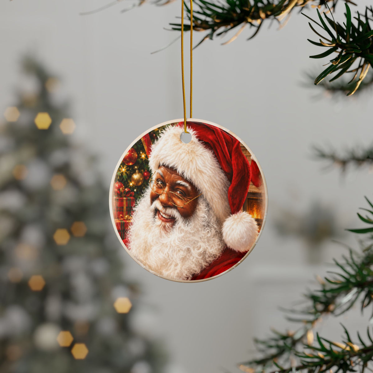 Black Santa Ceramic Christmas Tree Ornaments — Round Double-Sided