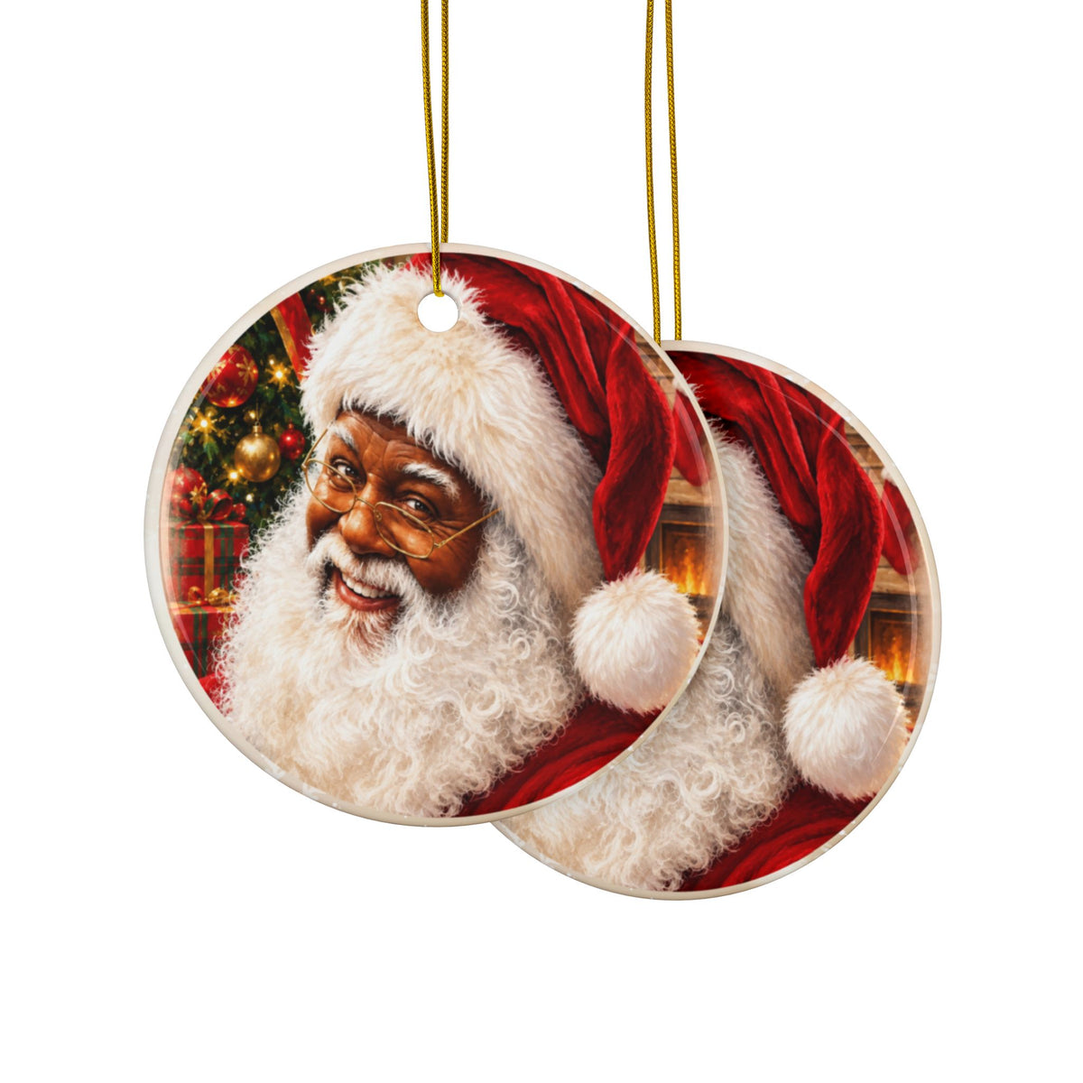 Black Santa Ceramic Christmas Tree Ornaments — Round Double-Sided