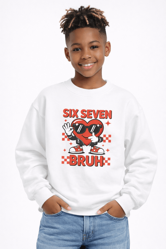 Youth boy wearing white graphic 6 7 crewneck sweatshirt on white background