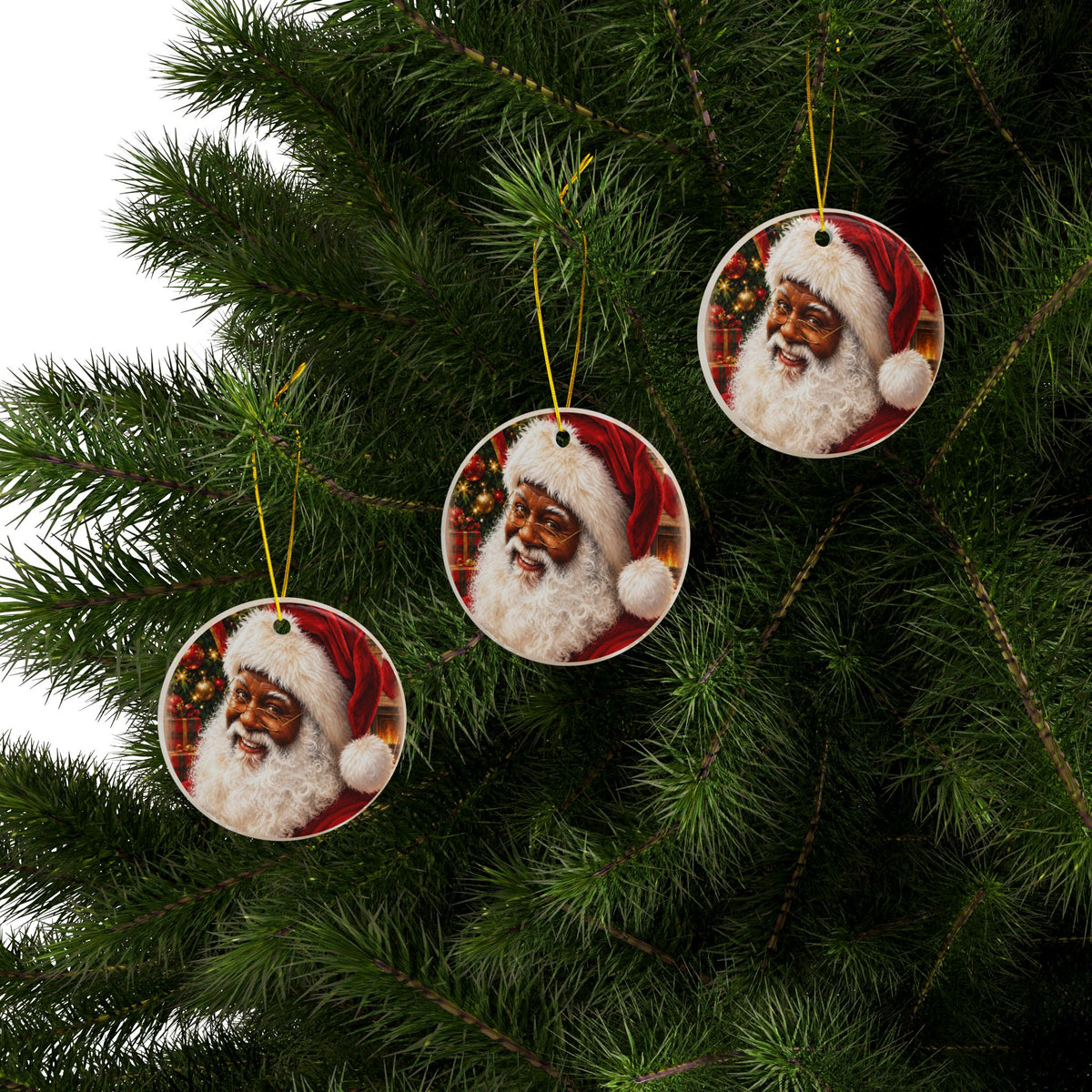 Black Santa Ceramic Christmas Tree Ornaments — Round Double-Sided