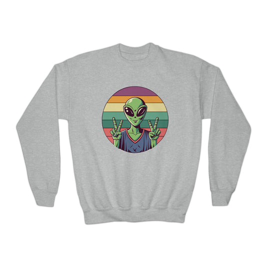 The Aliens have arrived...Peace! Our Peace Sign Alien Graphic Sweatshirt is a Perfect choice for school, sports, and lounging with friends. Its medium-heavy fabric delivers a cozy, warm feeling. Stay warm while getting beamed up, ofcourse!  Alien sweashirt, free shipping, graphic design alien spaceship shirt