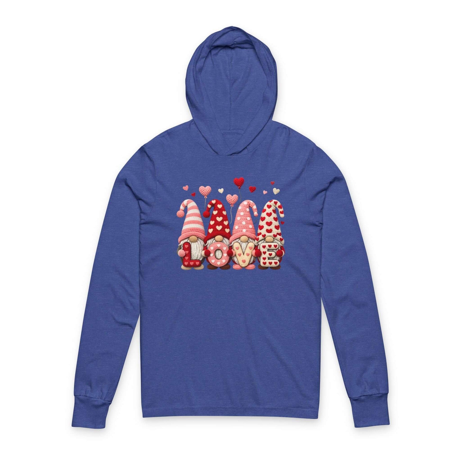 Valentine Gnome Hoodie Tee featuring playful gnomes and hearts, perfect for cozy Valentine’s outings.