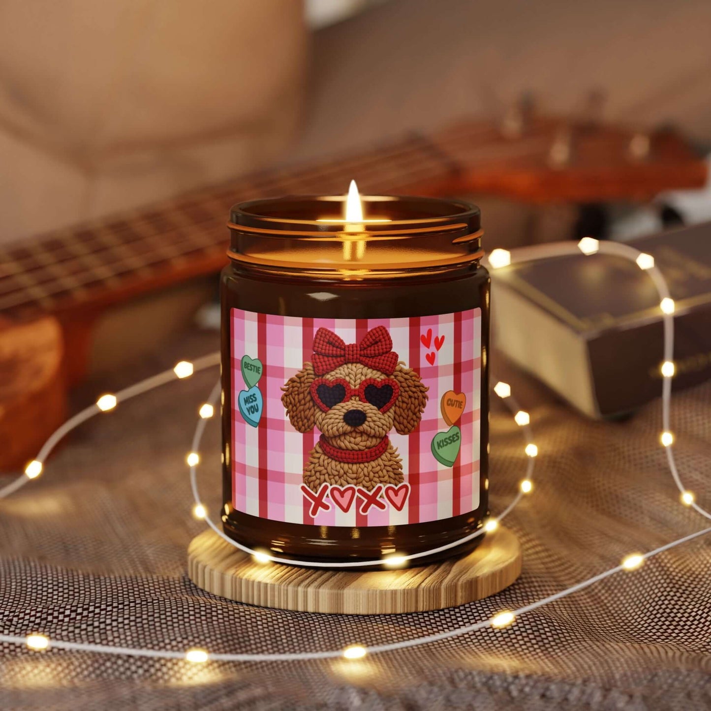 Puppy Love XOXO Valentine's Day scented soy candle in amber jar with a dog illustration and heart decorations.