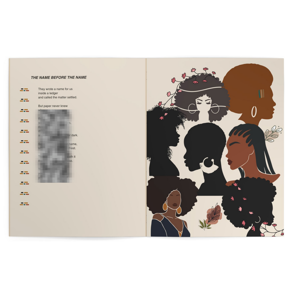 An open booklet or book spread on a white background. The left page has printed text starting with 'THE NAME BEFORE THE NAME' and a blurred rectangular area.