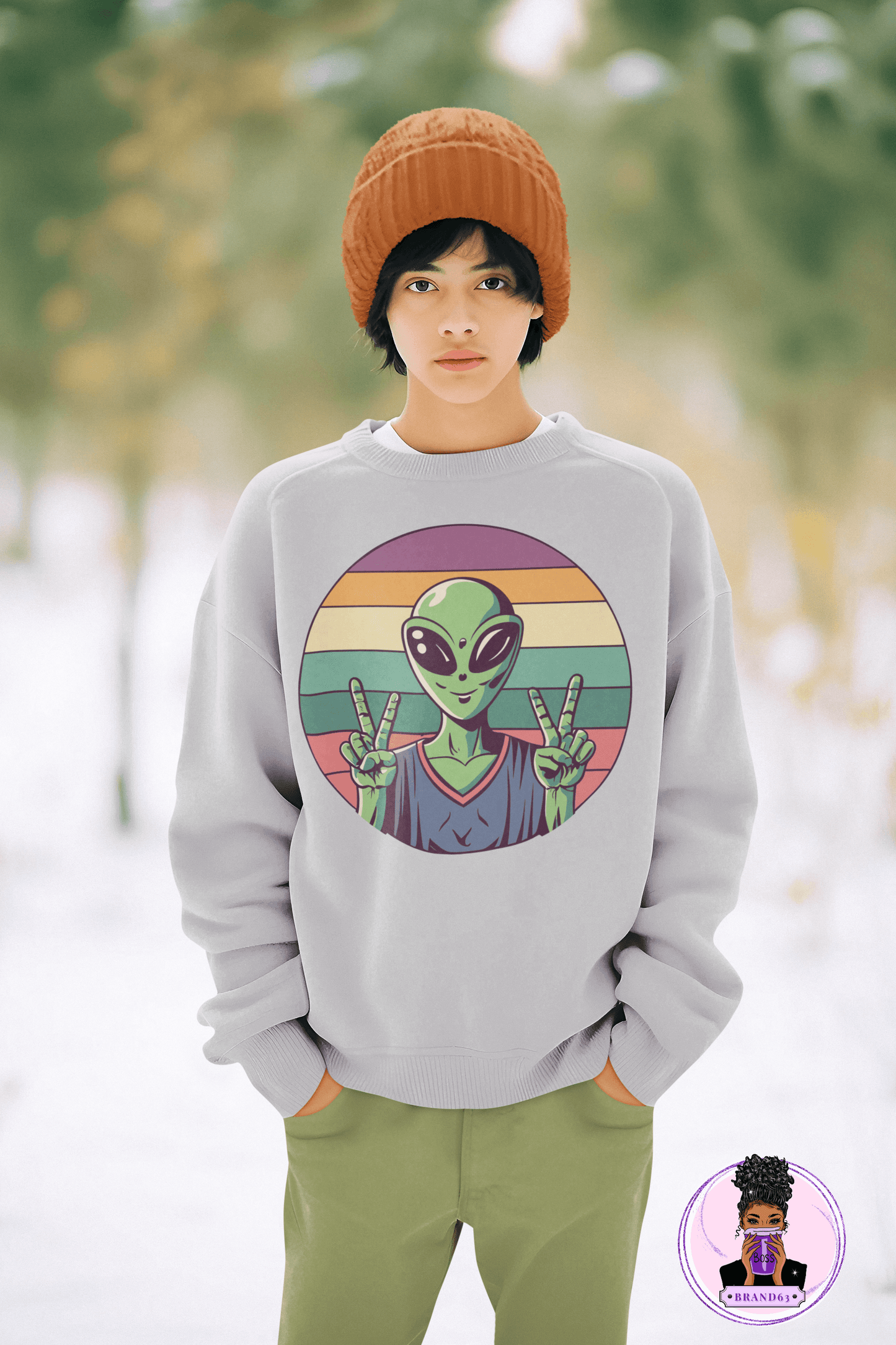 Alien Youth Crewneck Sweatshirt | Peace Sign Alien Graphic Sweatshirt (unisex), Brand63