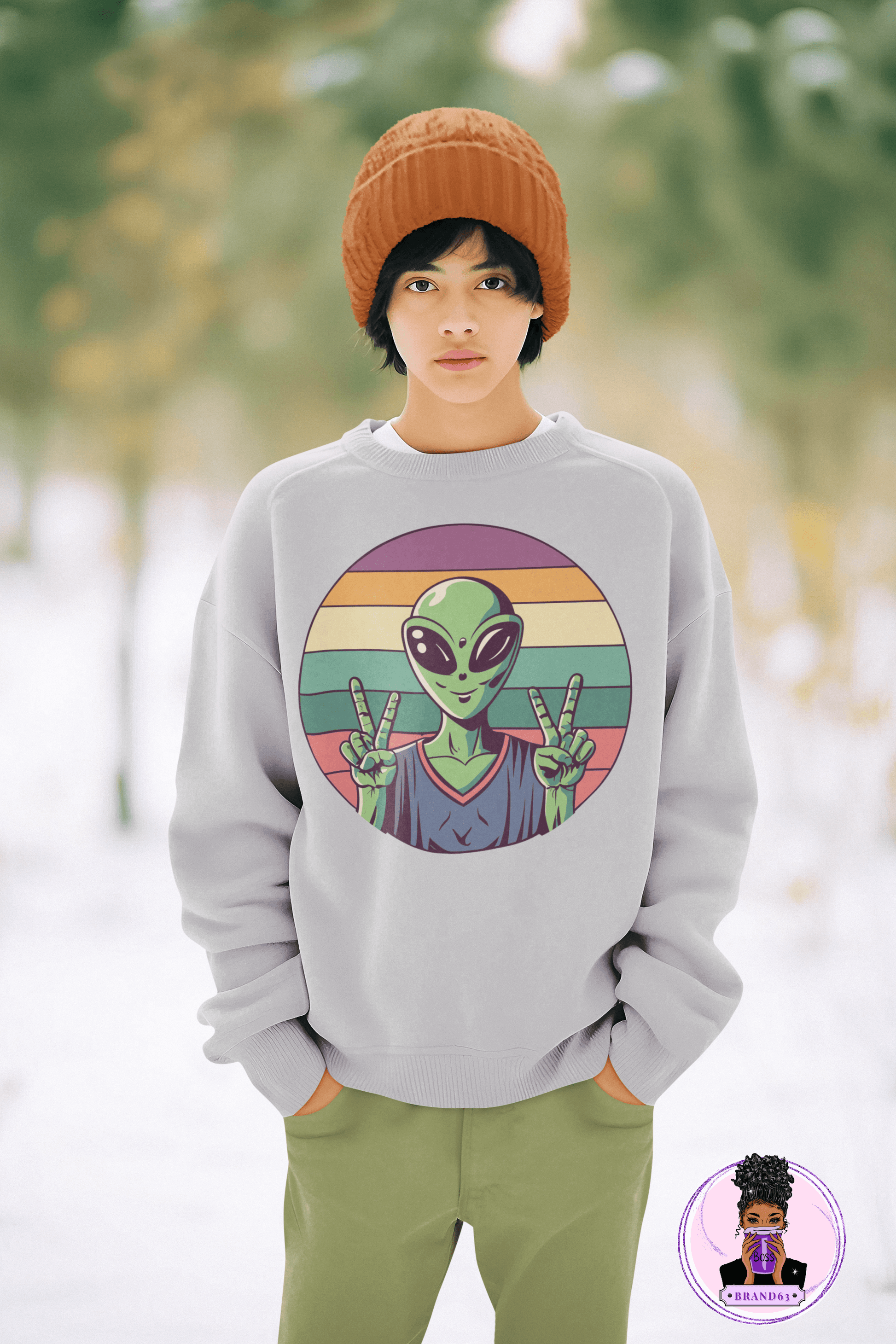 Alien Youth Crewneck Sweatshirt | Peace Sign Alien Graphic Sweatshirt (unisex), Brand63