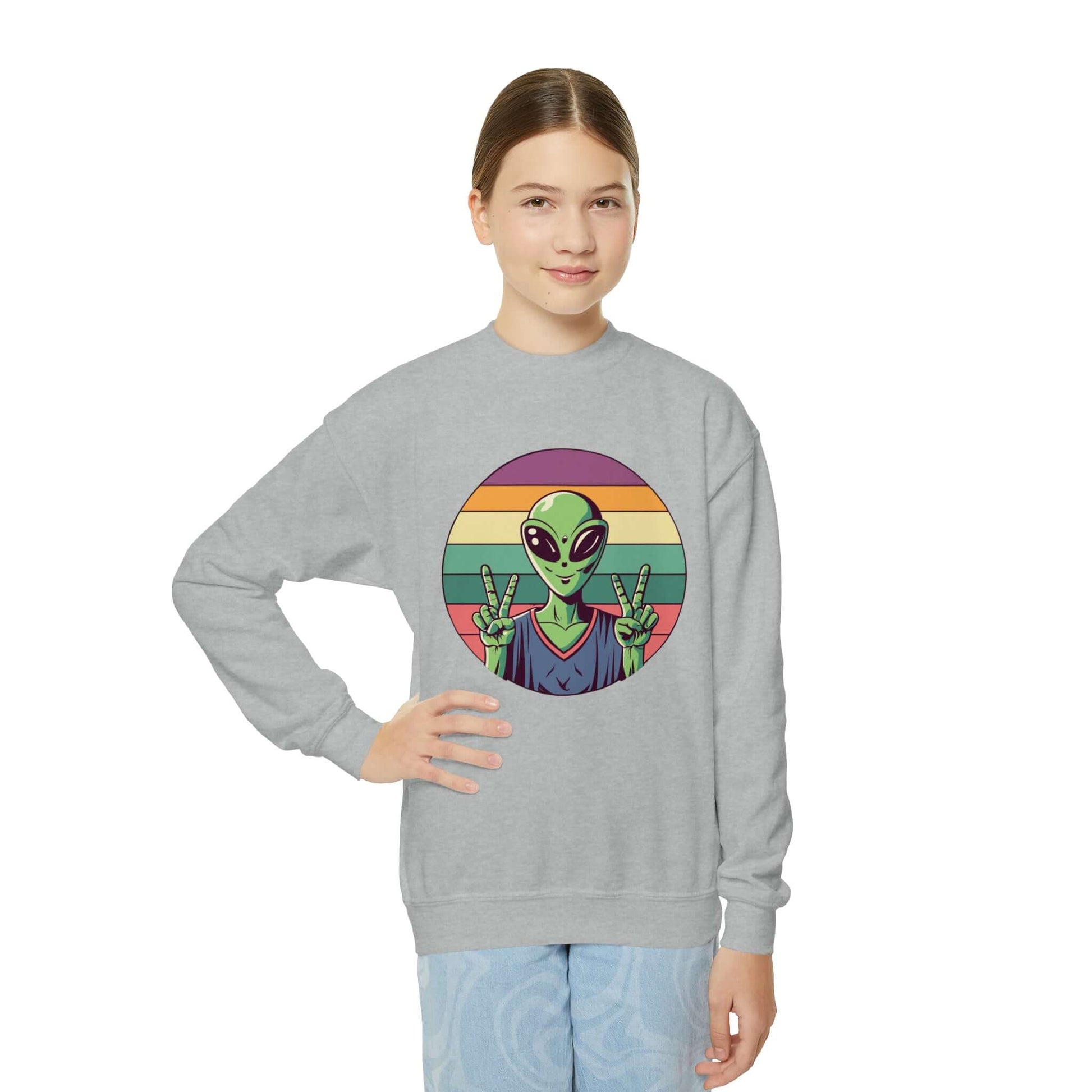 Alien Youth Crewneck Sweatshirt | Peace Sign Alien Graphic Sweatshirt (unisex), Brand63