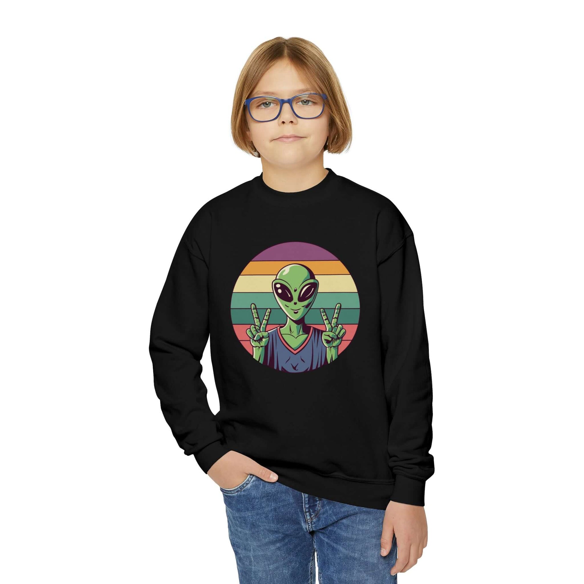 Alien Youth Crewneck Sweatshirt | Peace Sign Alien Graphic Sweatshirt (unisex), Brand63