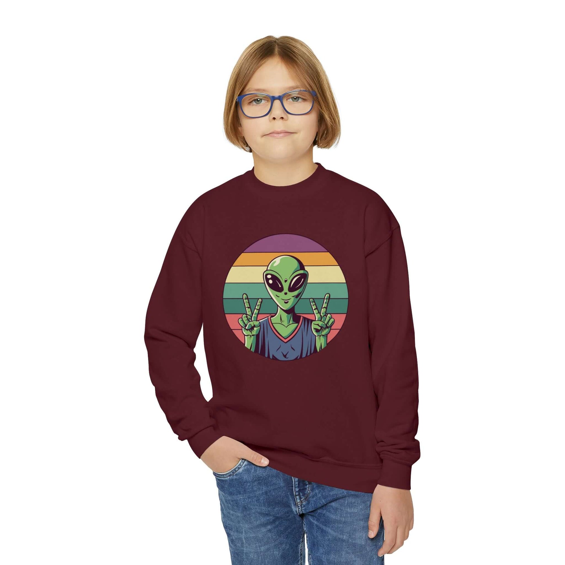 Alien Youth Crewneck Sweatshirt | Peace Sign Alien Graphic Sweatshirt (unisex), Brand63