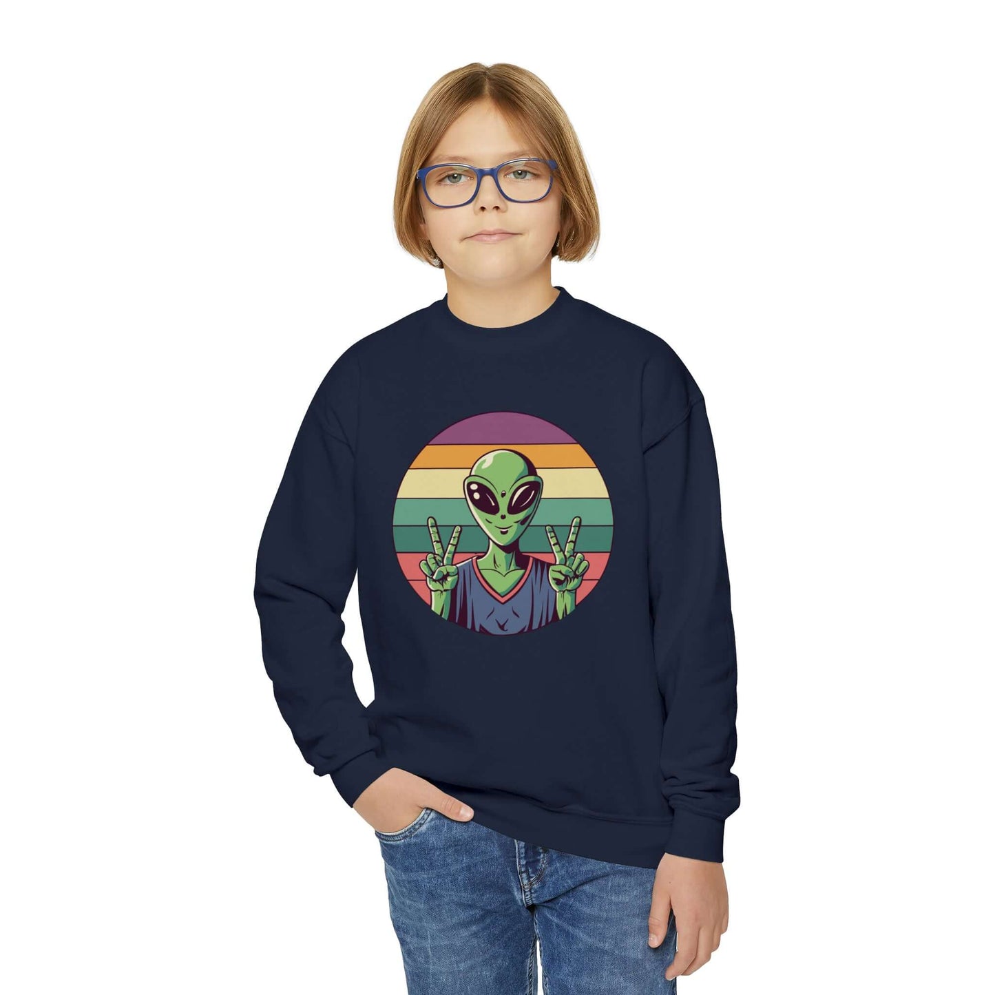 Alien Youth Crewneck Sweatshirt | Peace Sign Alien Graphic Sweatshirt (unisex), Brand63