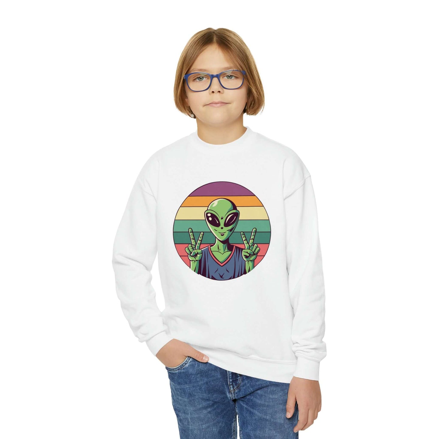 Alien Youth Crewneck Sweatshirt | Peace Sign Alien Graphic Sweatshirt (unisex), Brand63