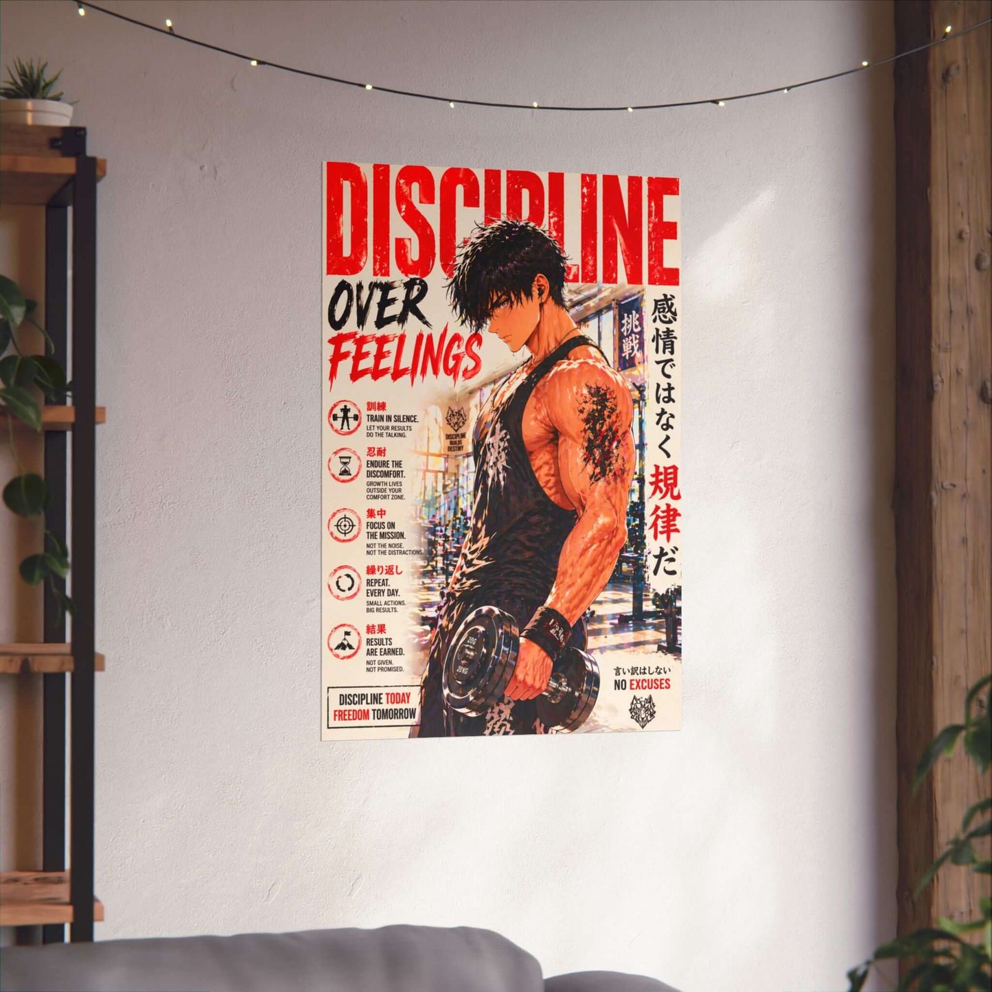 Anime Discipline Gym Poster Motivational Workout Wall Art showcasing a fitness-themed wall art in a workout space.