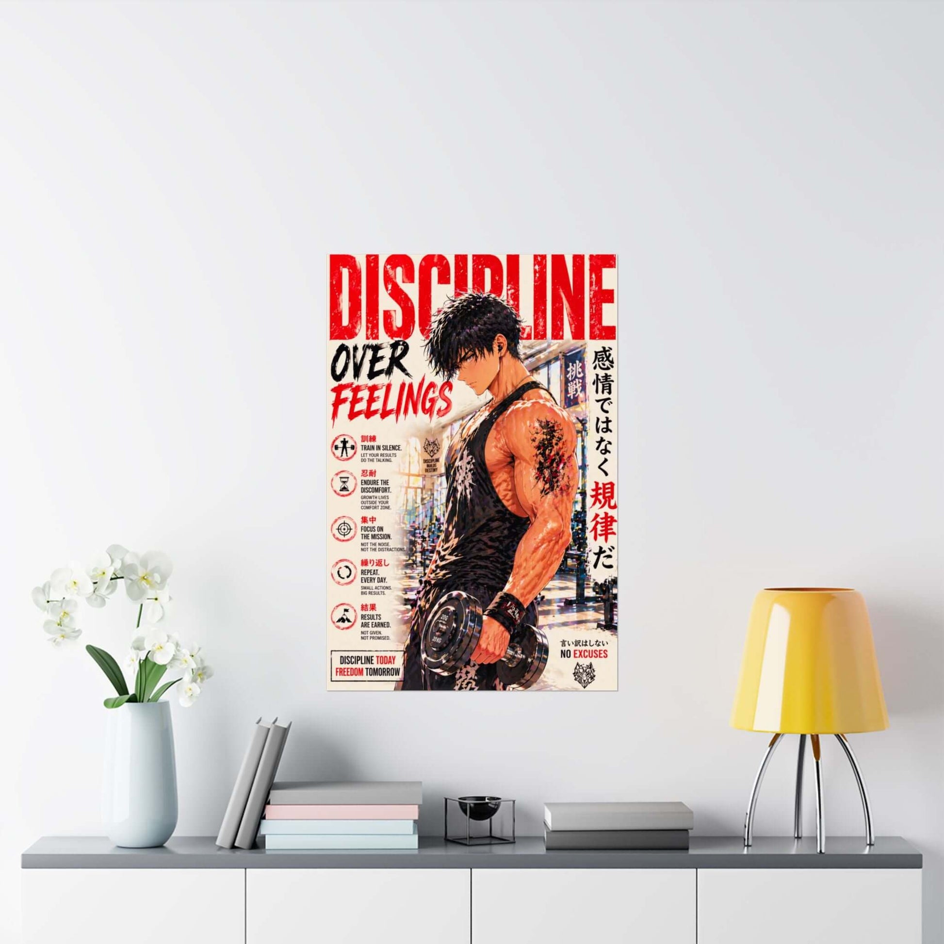 Anime Discipline Gym Poster Motivational Workout Wall Art showcasing a muscular character training with determination.