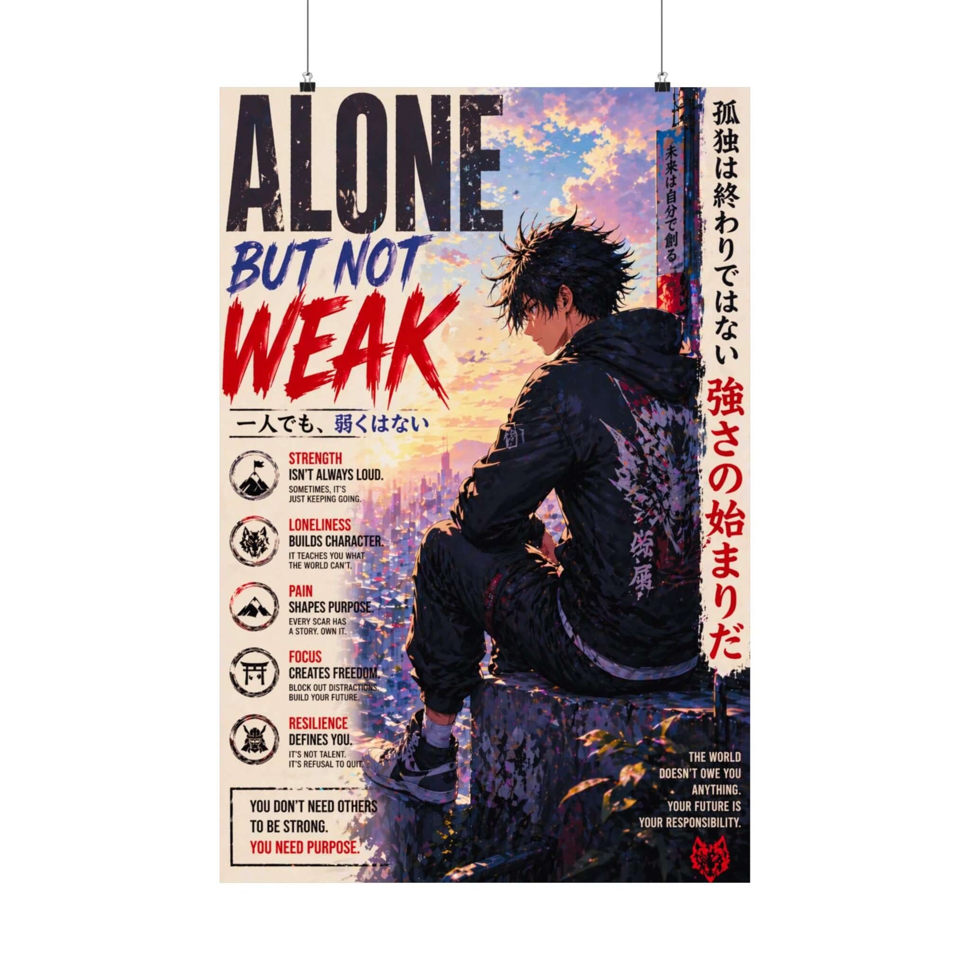 Anime Sad Man Alone But Not Weak Poster, Motivational Wall Art, Brand63