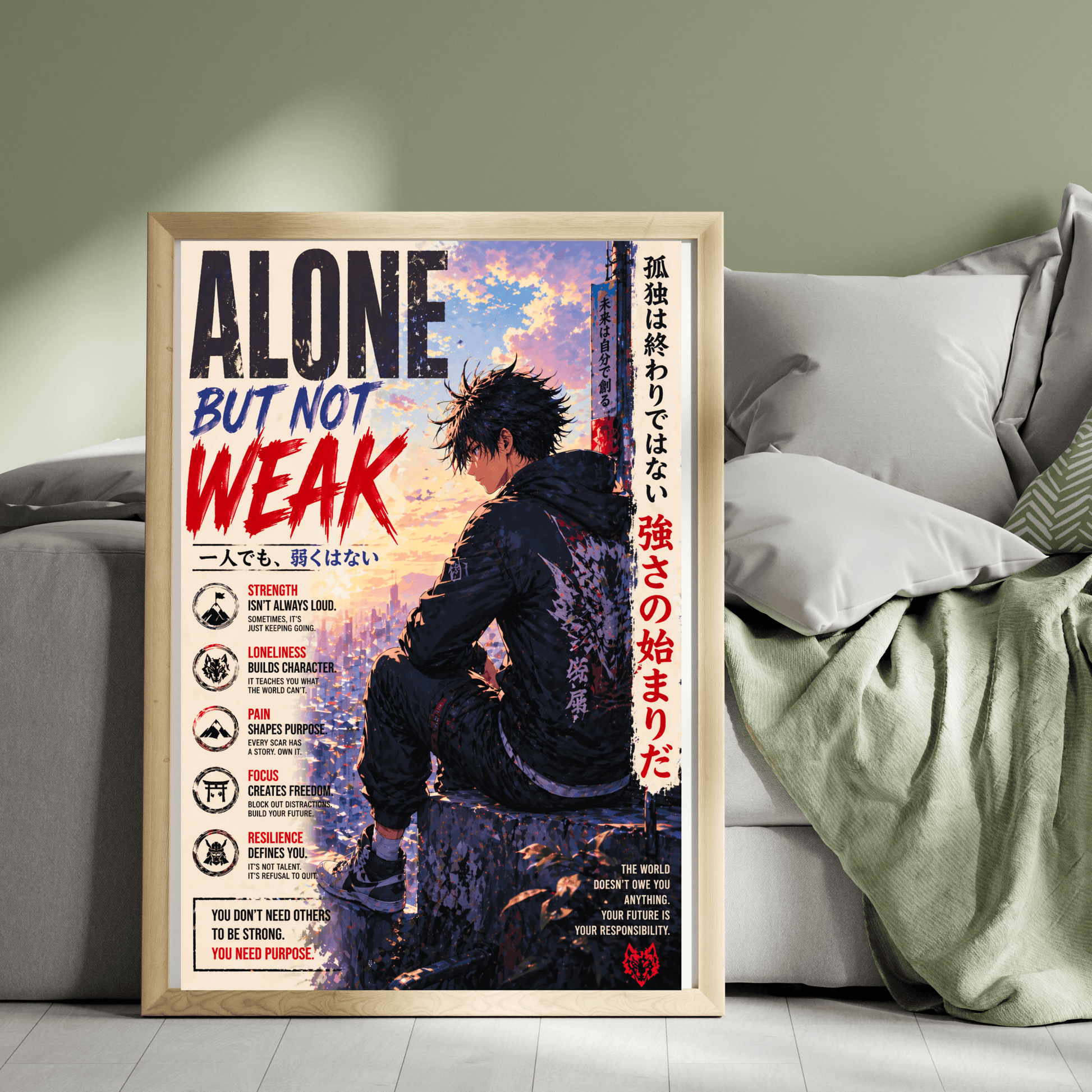 Anime Sad Man Alone But Not Weak Poster, Motivational Wall Art, Brand63
