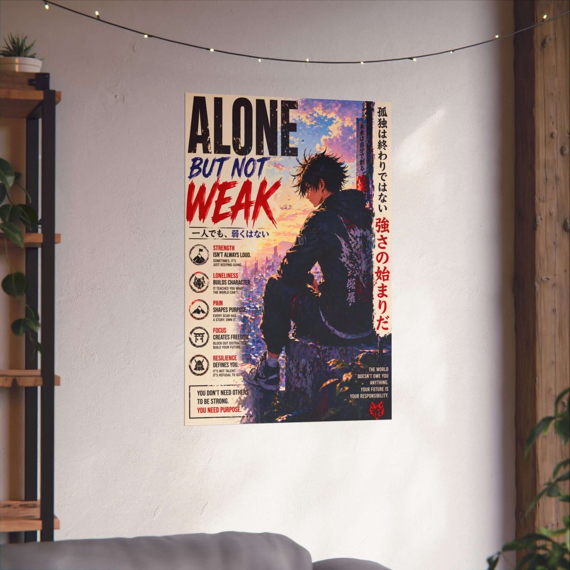 Anime Sad Man Alone But Not Weak Poster, Motivational Wall Art, Brand63