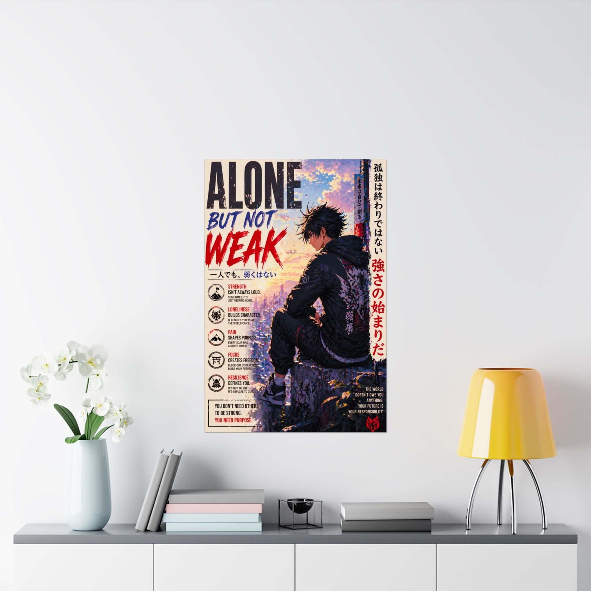 Anime Sad Man Alone But Not Weak Poster, Motivational Wall Art, Brand63