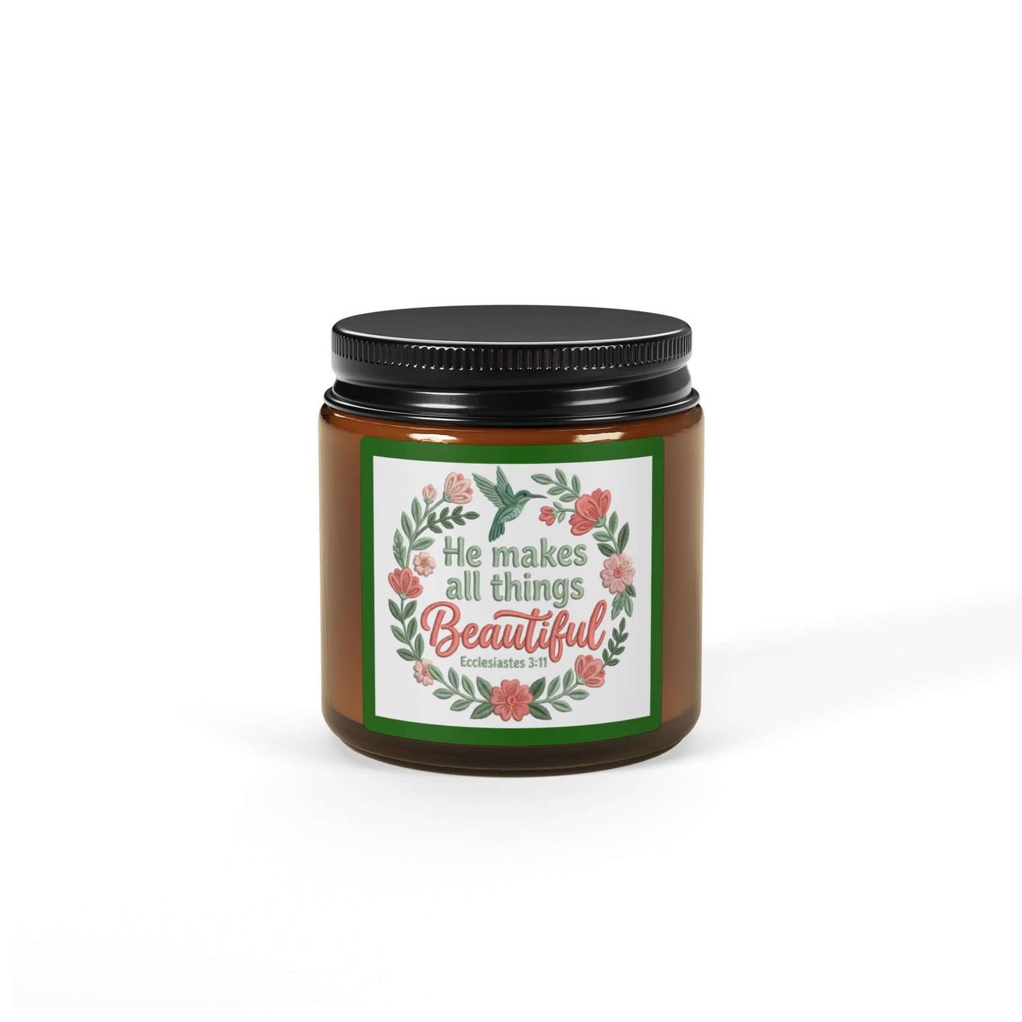 Beautifully God Vegan Soy Candle in amber glass jar with floral label design featuring the phrase 'He makes all things Beautiful'.