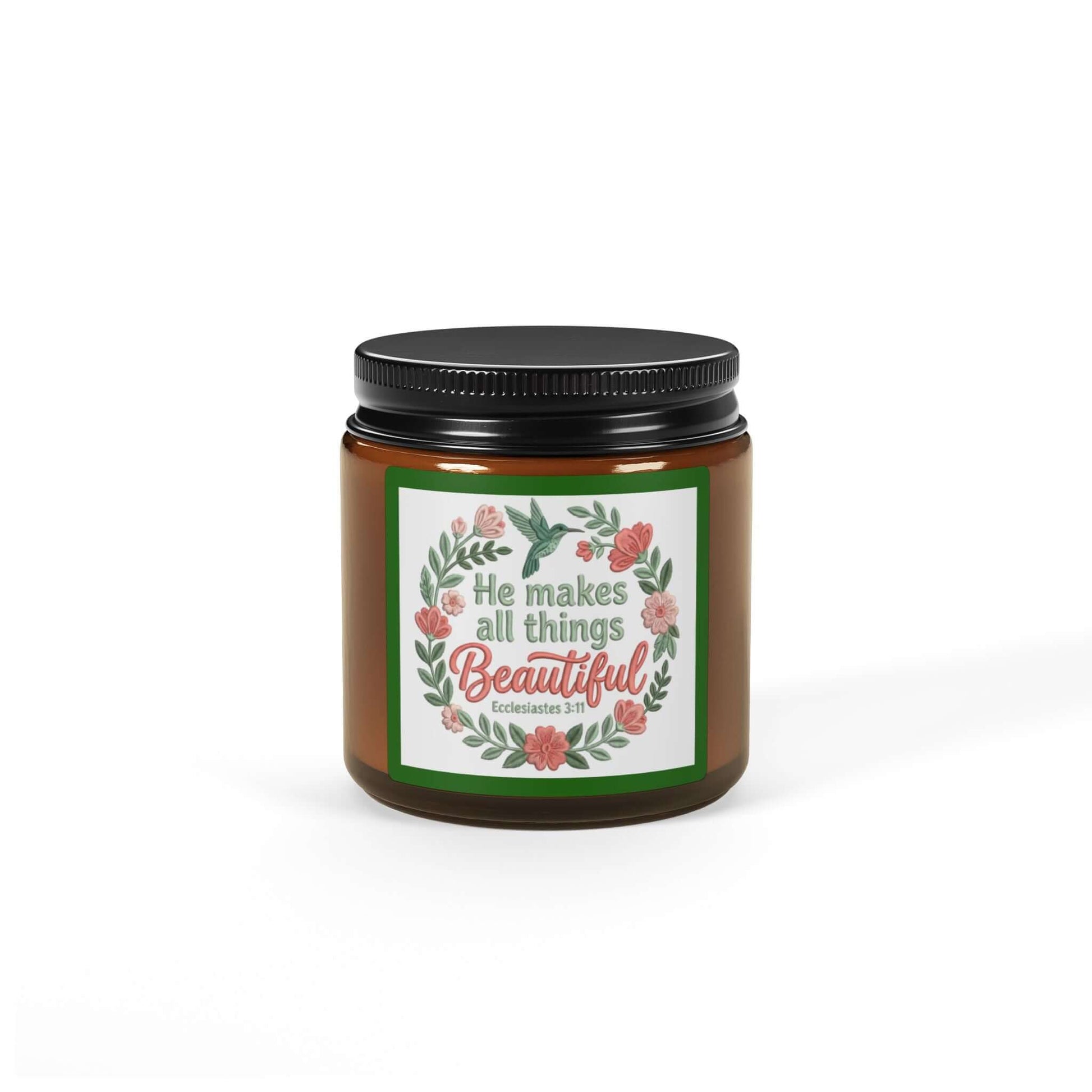Beautifully God Vegan Soy Candle in amber glass jar with floral label design featuring the phrase 'He makes all things Beautiful'.