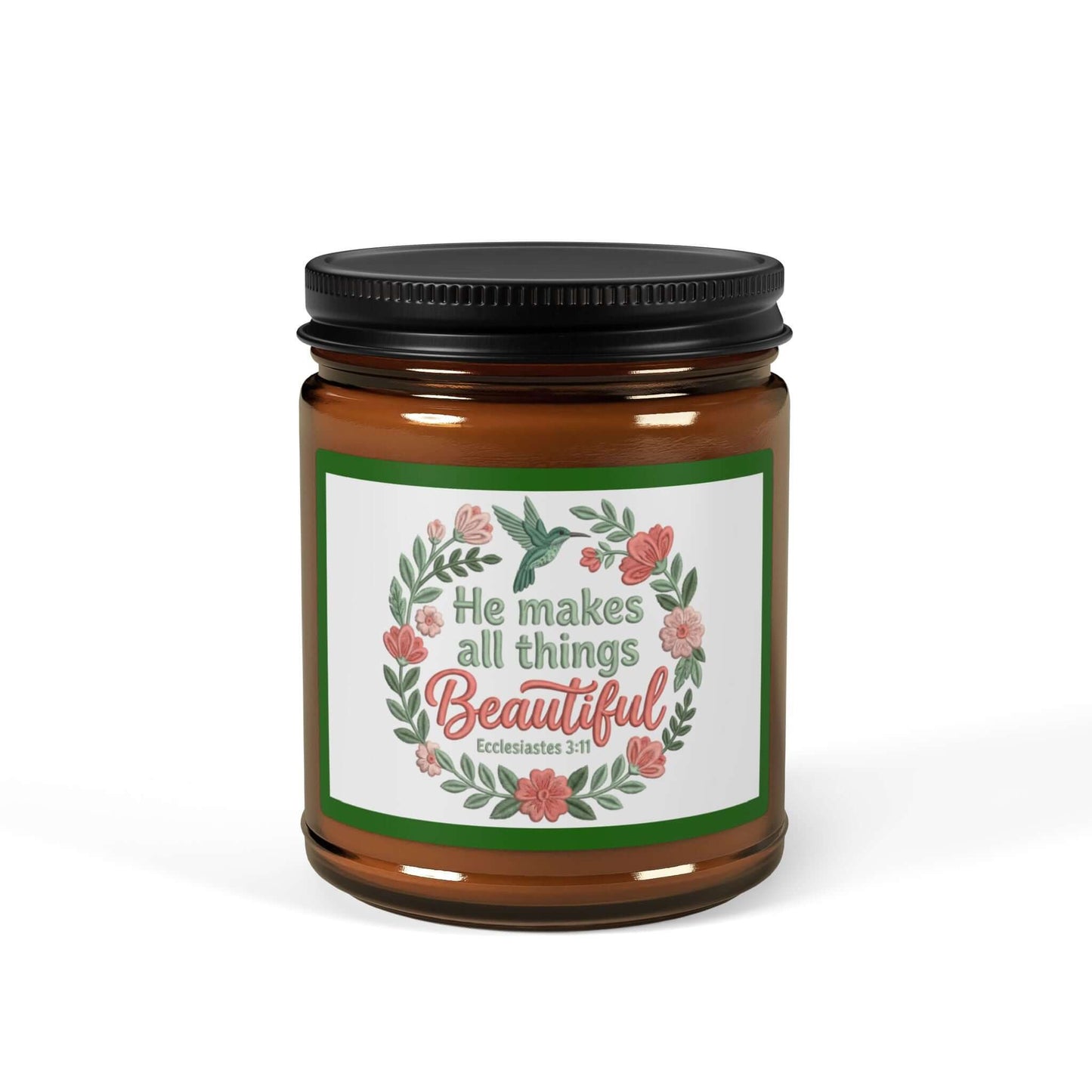 Beautifully God Vegan Soy Candle in amber jar with floral design and inspirational quote.
